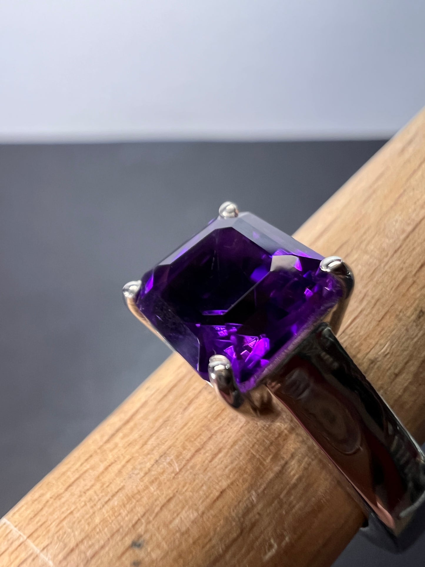 Asscher cut Moroccan amethyst solitaire ring in platinum over sterling silver size 5 *NEW*