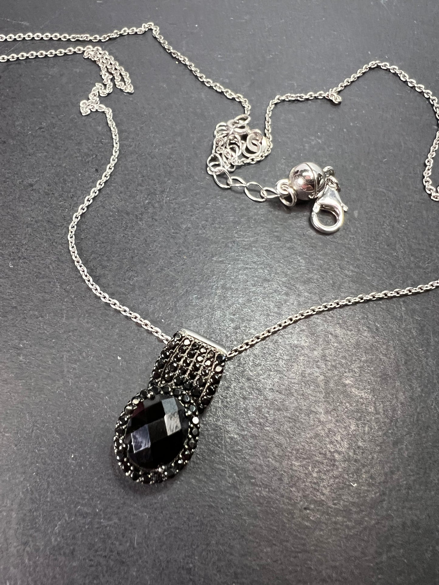 Black spinel pendant and chain necklace in rhodium over sterling silver