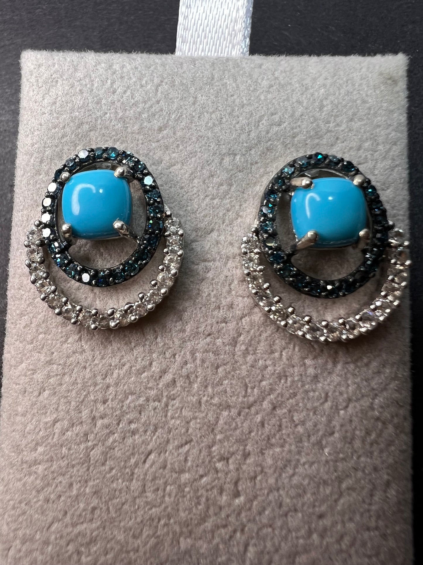 Sleeping Beauty turquoise and blue diamond double ring earrings in platinum over sterling silver