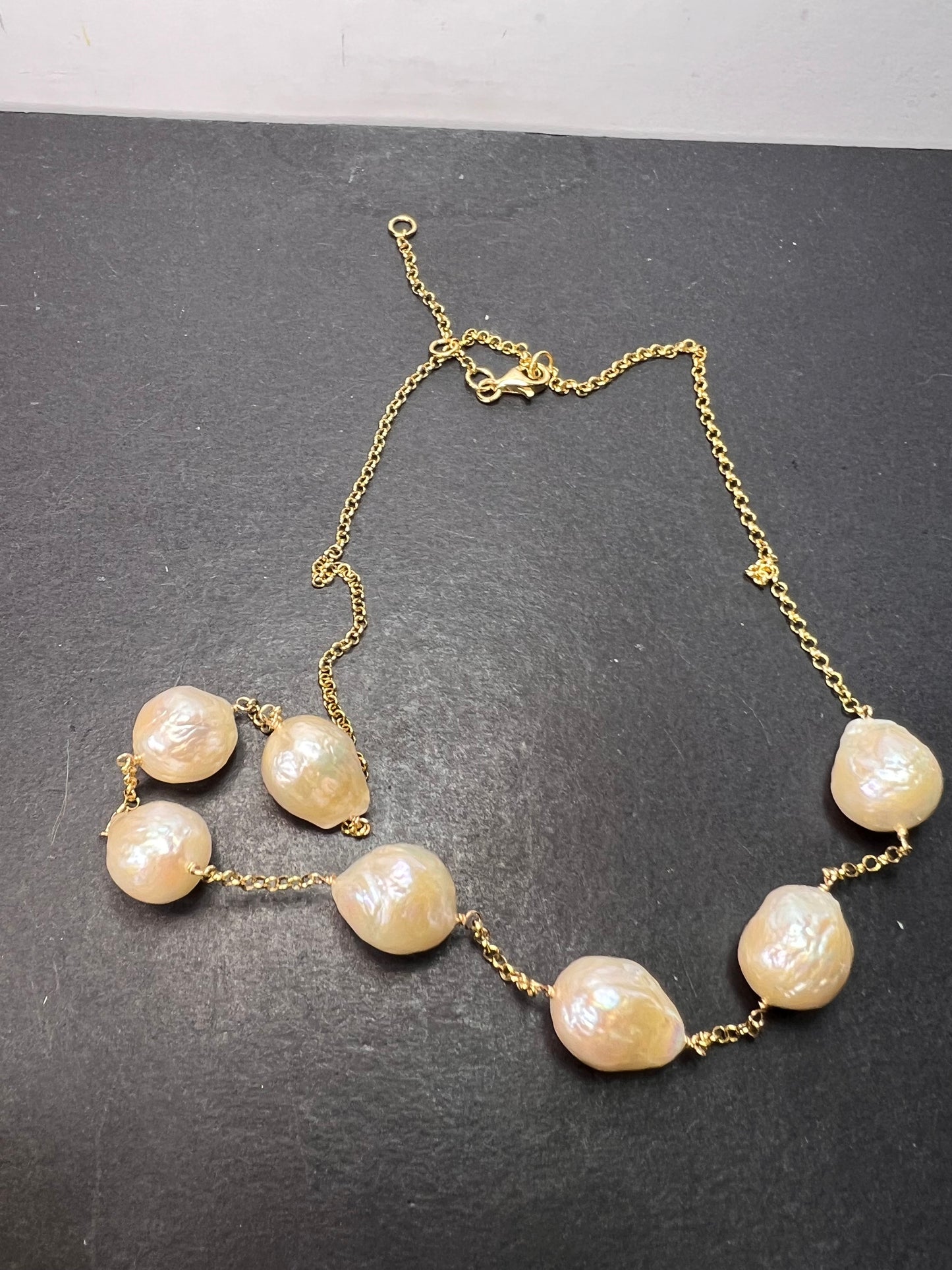 13-15mm baroque pearl station necklace in gold over sterling silver