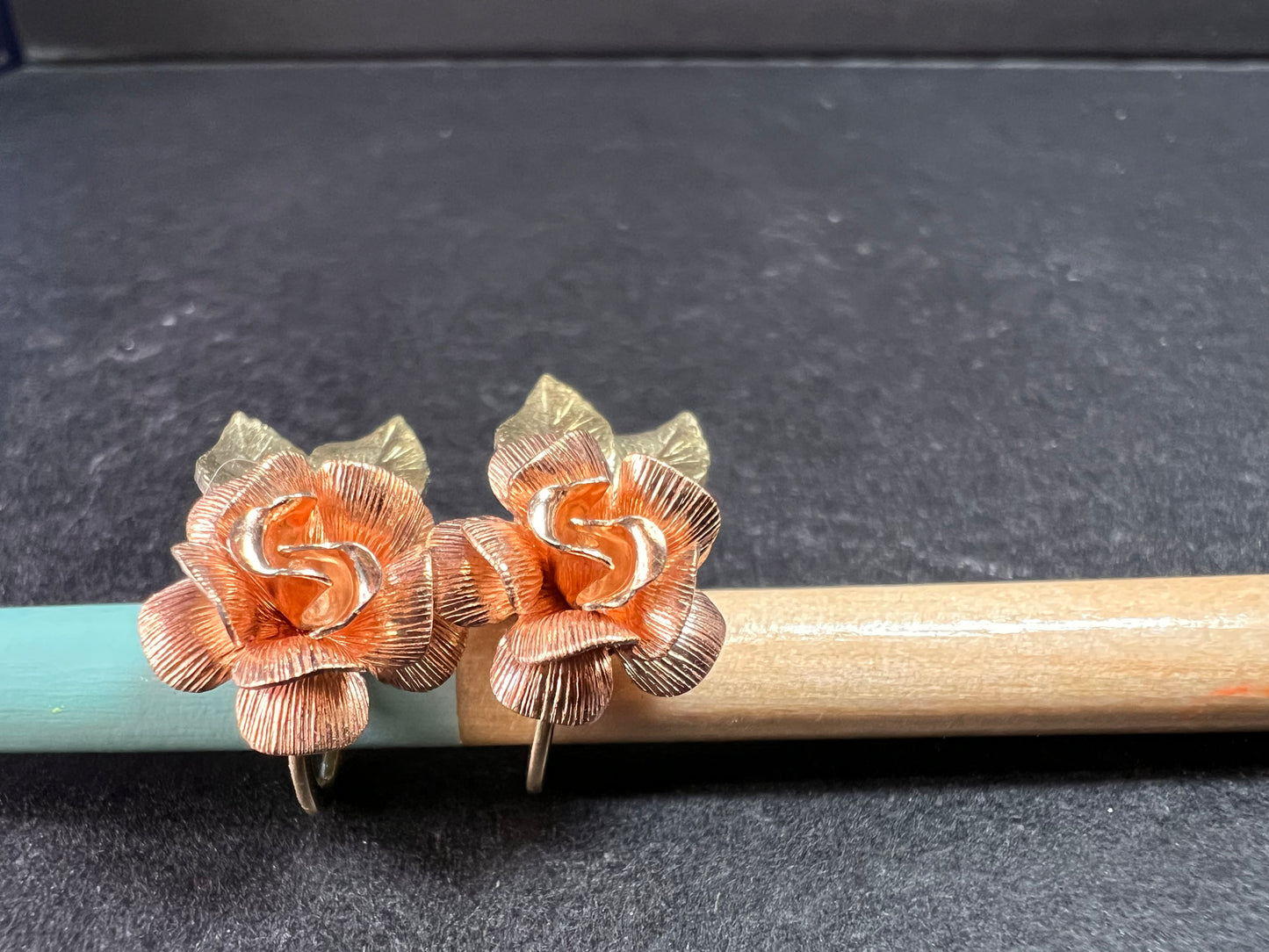 Vintage Krementz Rose and yellow gold tone Flower Leaf Screw Back Earrings