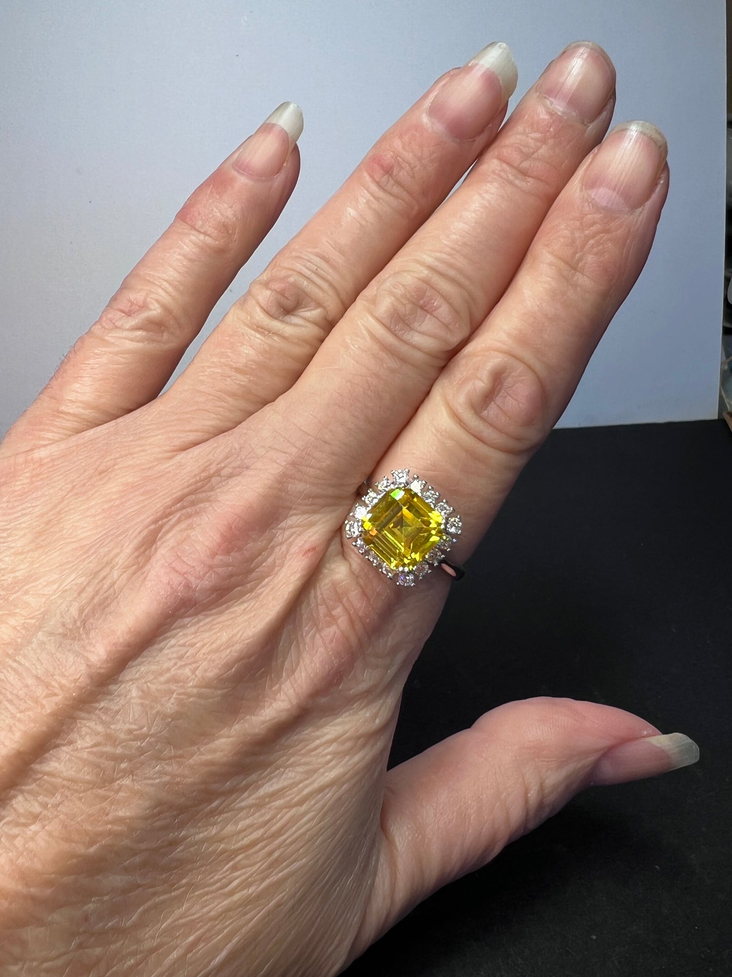 Yellow and white CZ sterling silver halo ring size 10