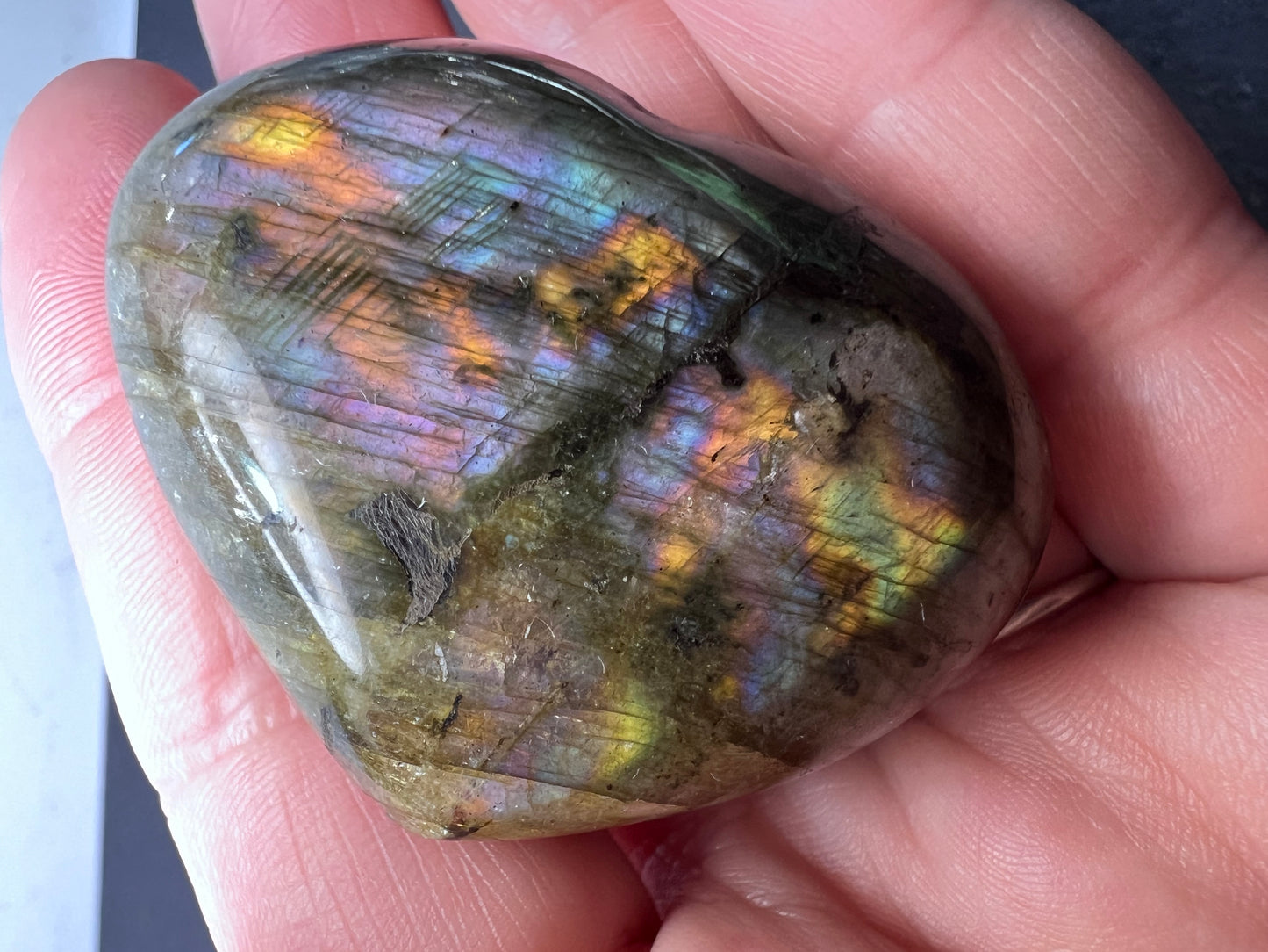 Labradorite heart with pink purple flash