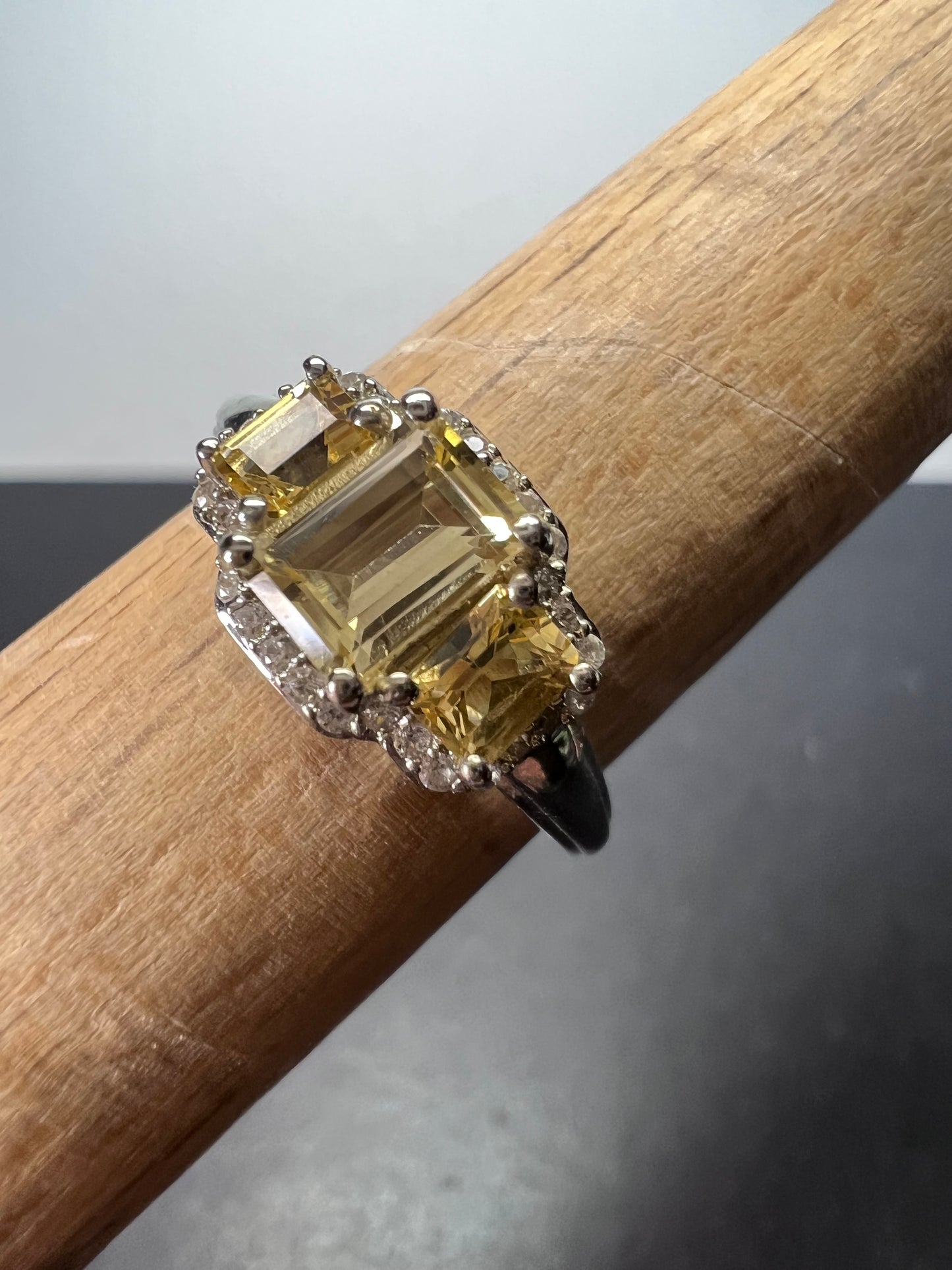 Citrine triple baguette halo ring in sterling silver size 7