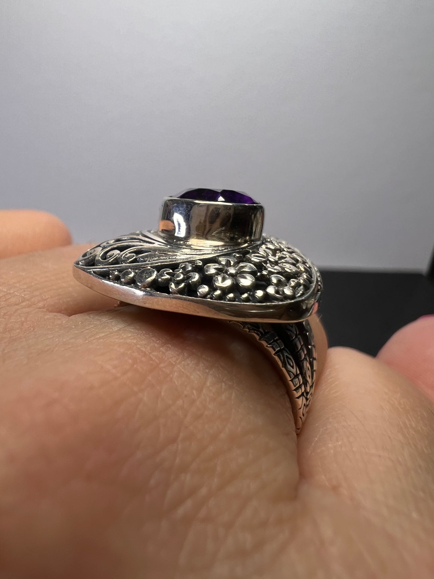 African amethyst planchette teardrop style sterling silver floral ring size 9