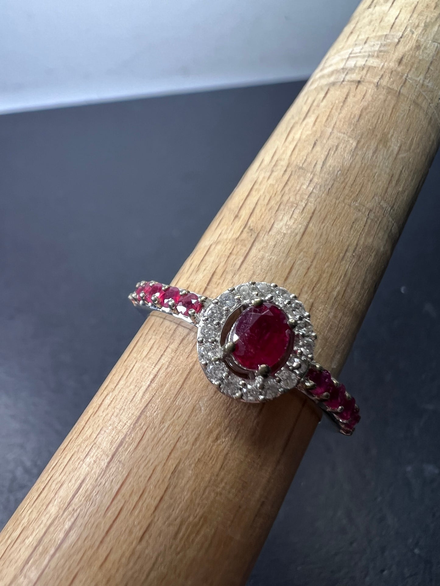 Ruby and zircon sterling silver halo ring size 9