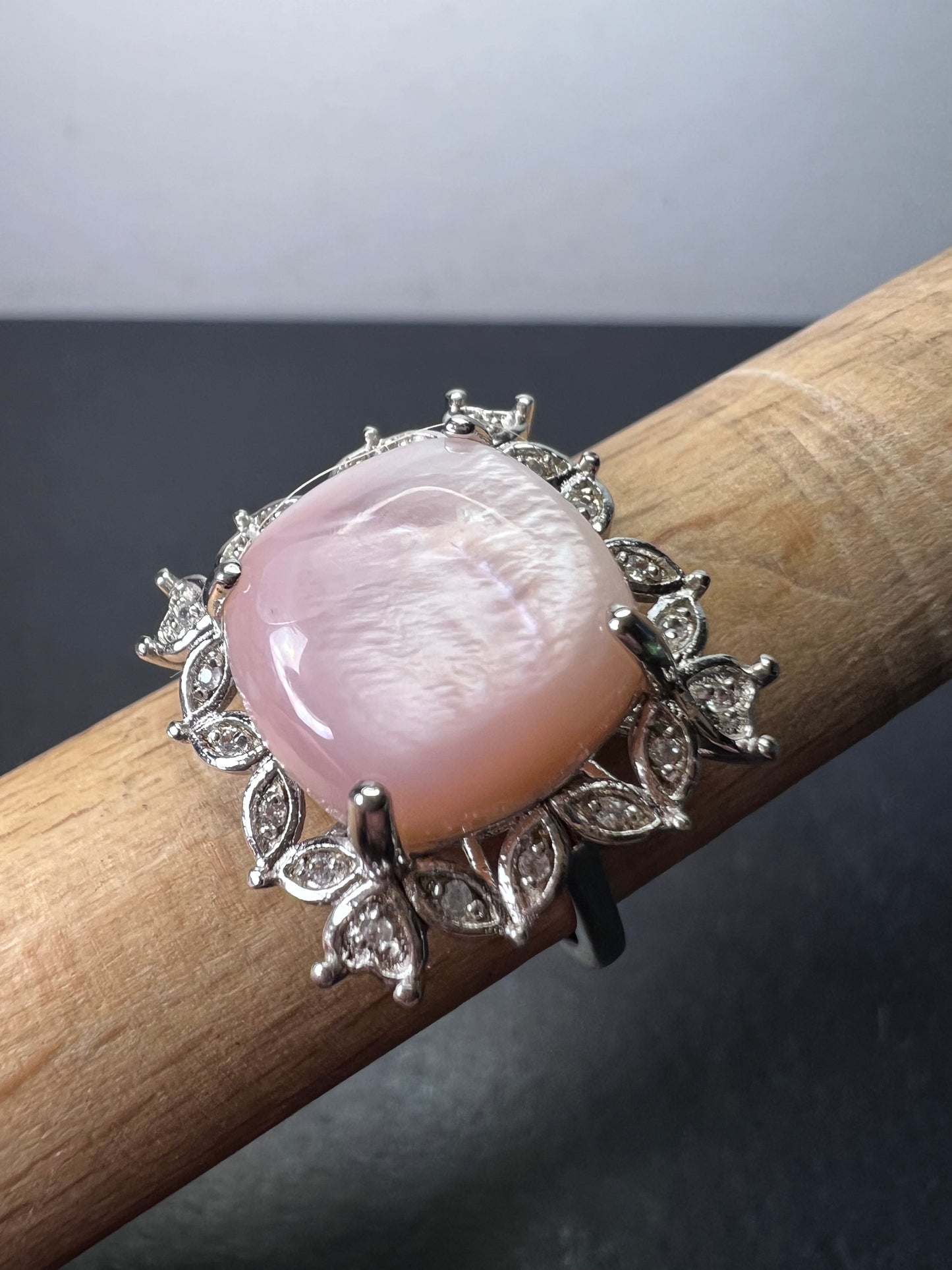 Pink Mother-of-Pearl With White Zircon Rhodium Over Sterling Silver Ring size 8