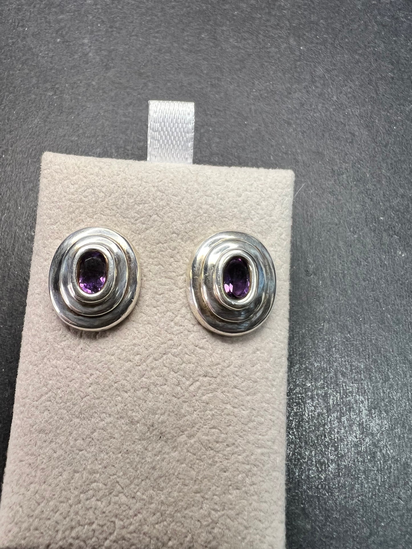 Vintage Sterling Silver Amethyst Modernist Stud Earrings
