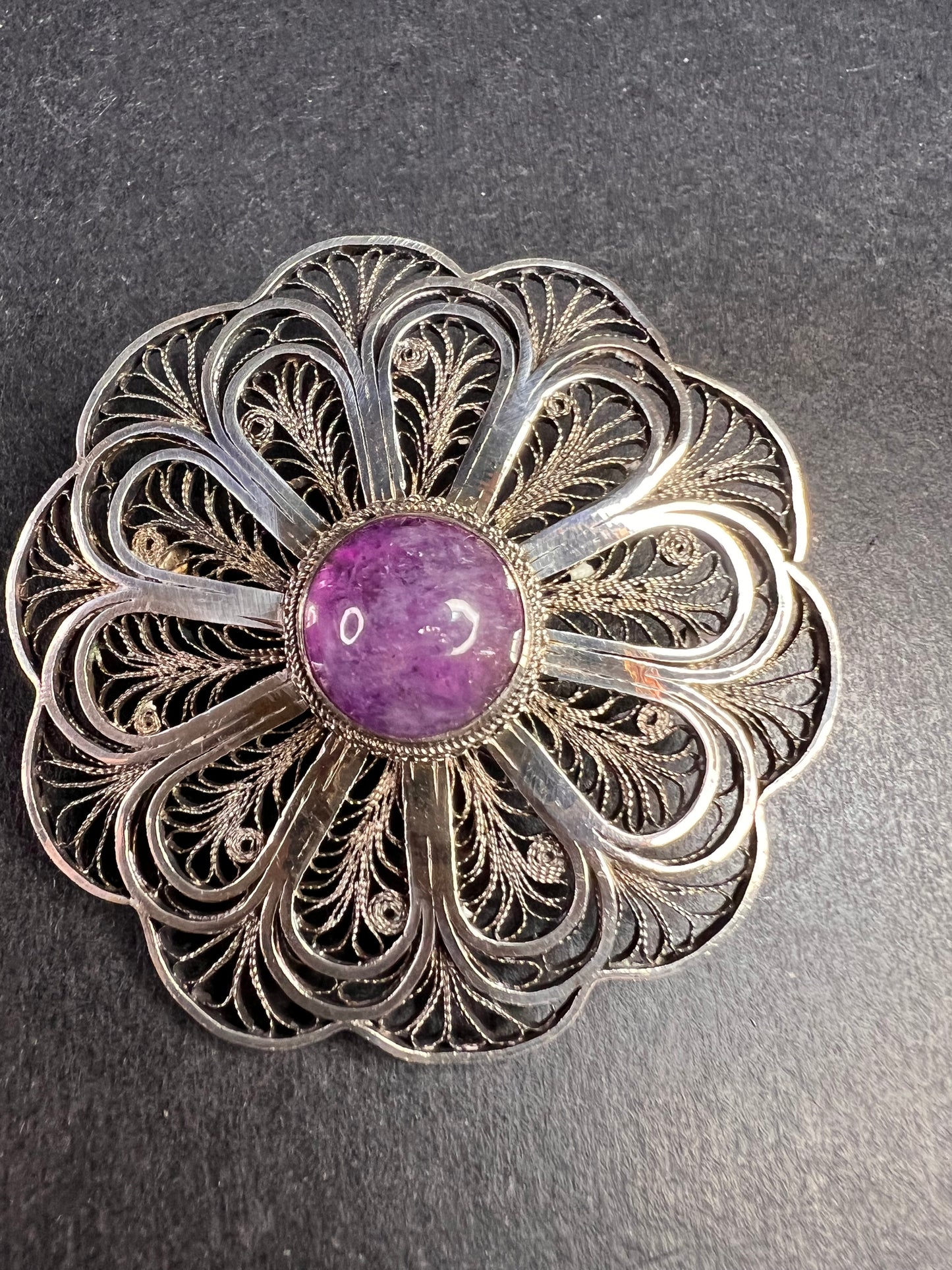 Vintage filigree amethyst sterling silver brooch made in Jerusalem