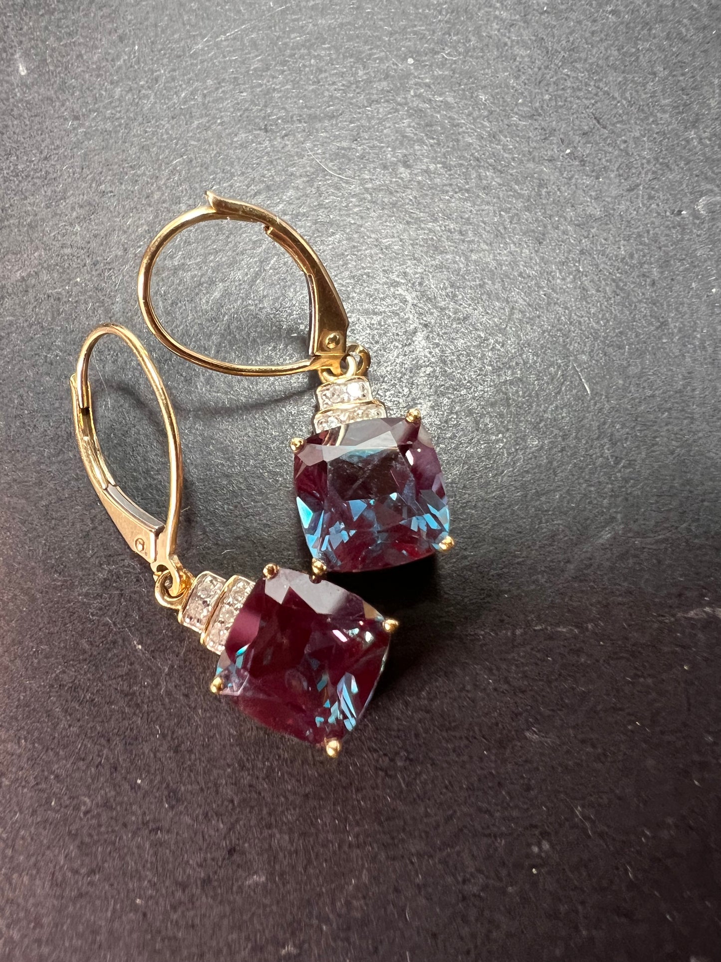 10k gold Lab alexandrite and diamond lever back earrings