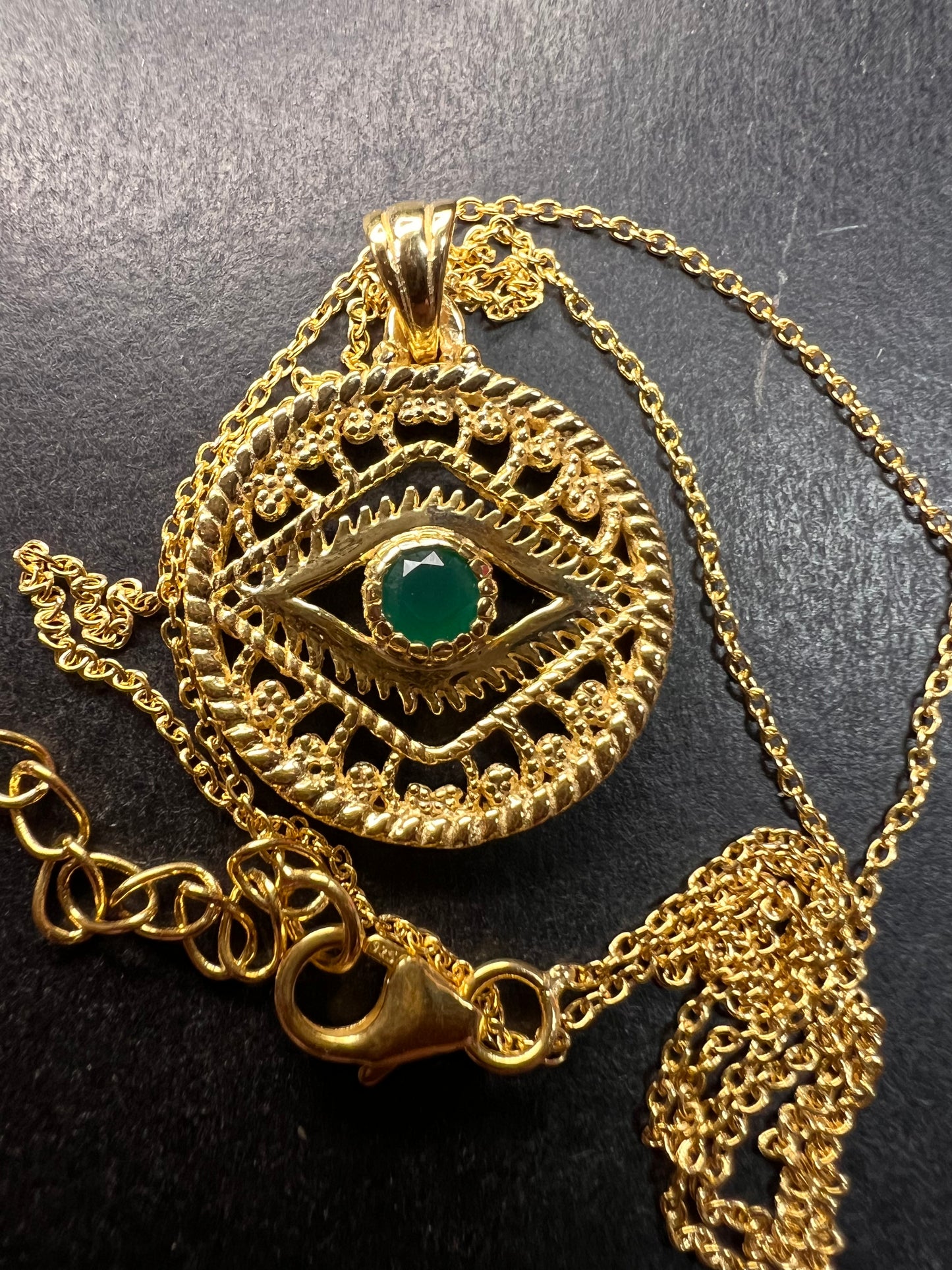 NEW Green onyx evil eye pendant and chain in gold over sterling silver