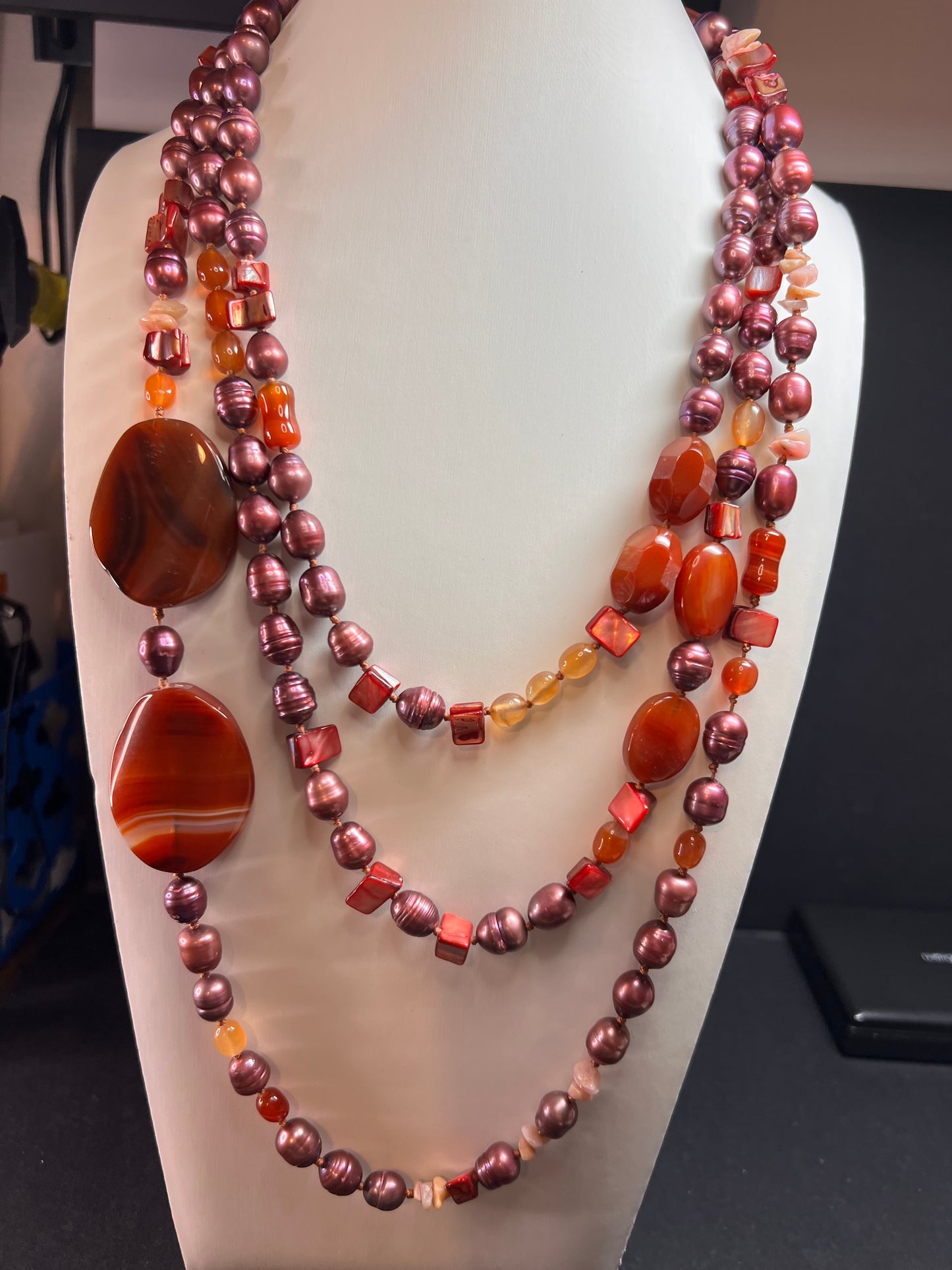 NEW carnelian and freshwater pearl multi strand necklace with sterling silver clasp