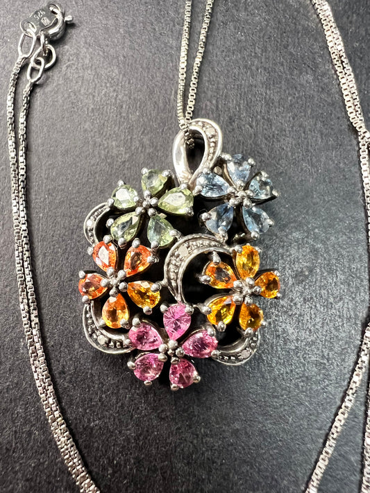 Vintage Sterling Silver Multi Sapphire & Diamond Flower Pendant