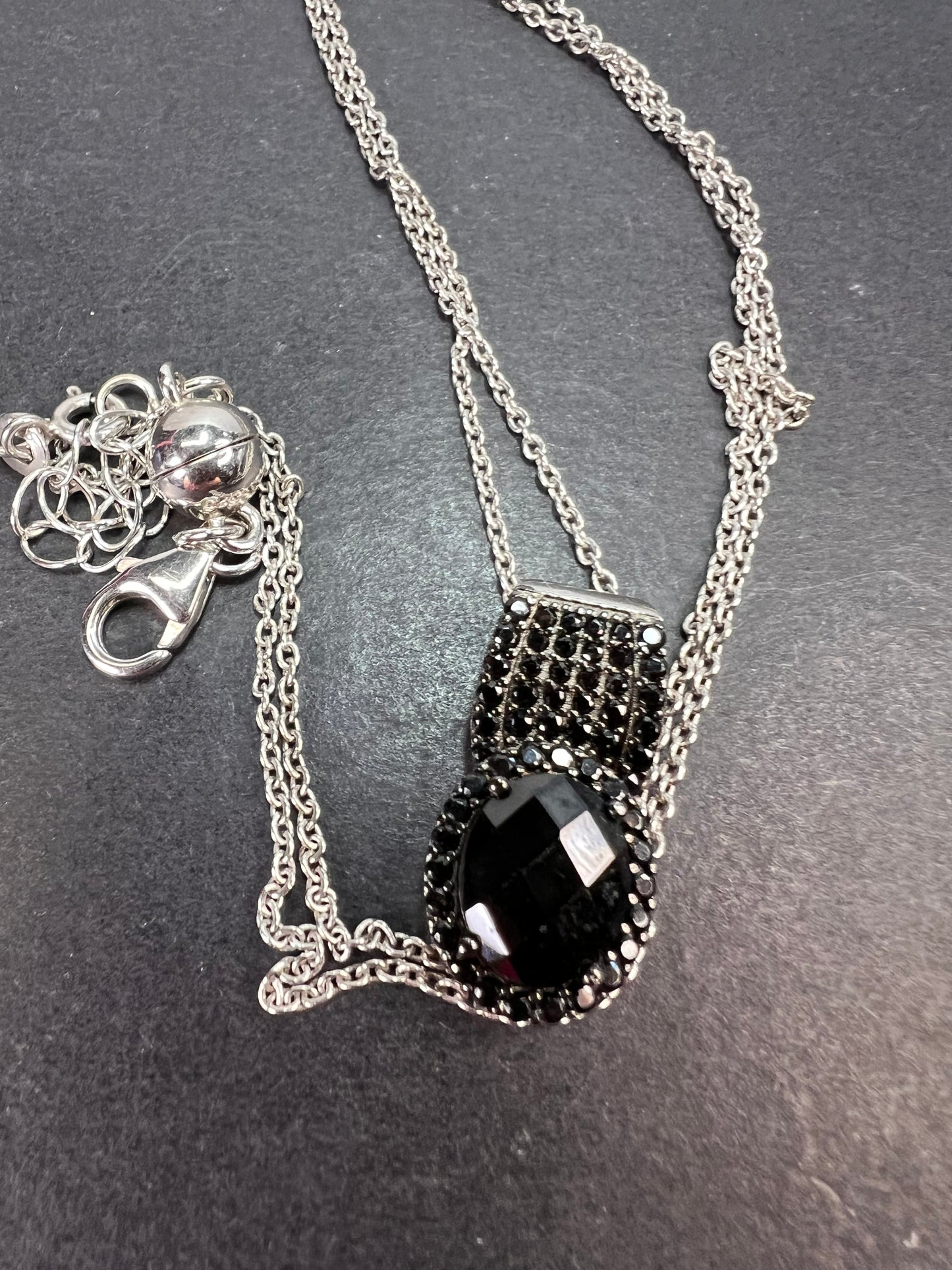 Black spinel pendant and chain necklace in rhodium over sterling silver