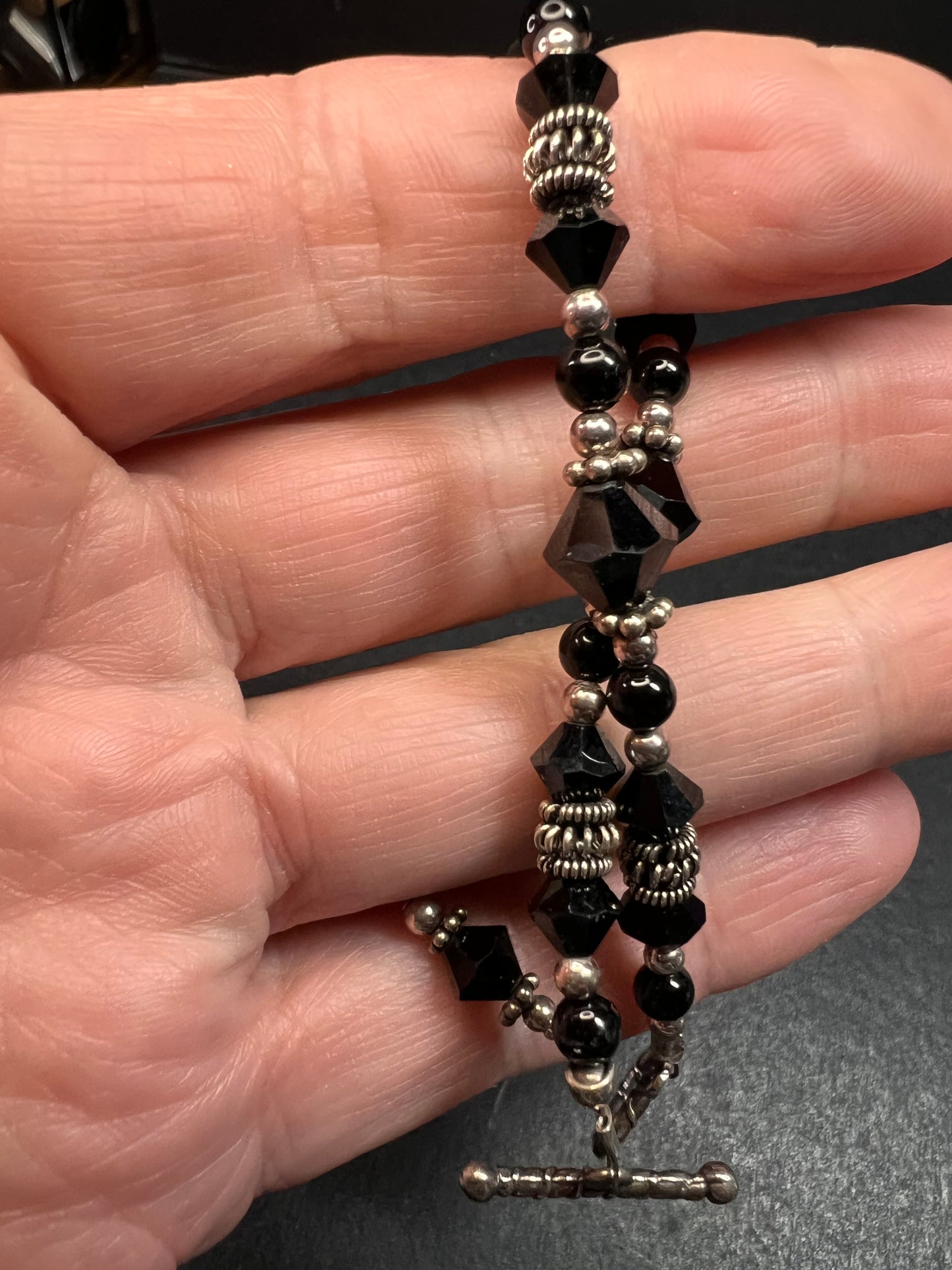 Black Swarovski Crystal & Bali Sterling Silver Beaded Bracelet – 7.75”