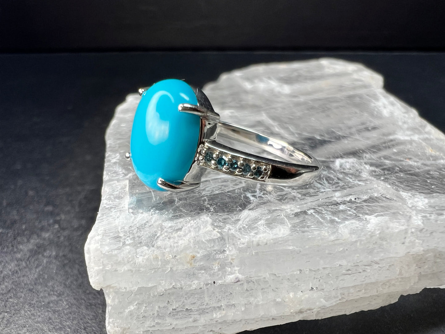 Sterling Silver Turquoise Ring with Blue Diamond Accents Size 6
