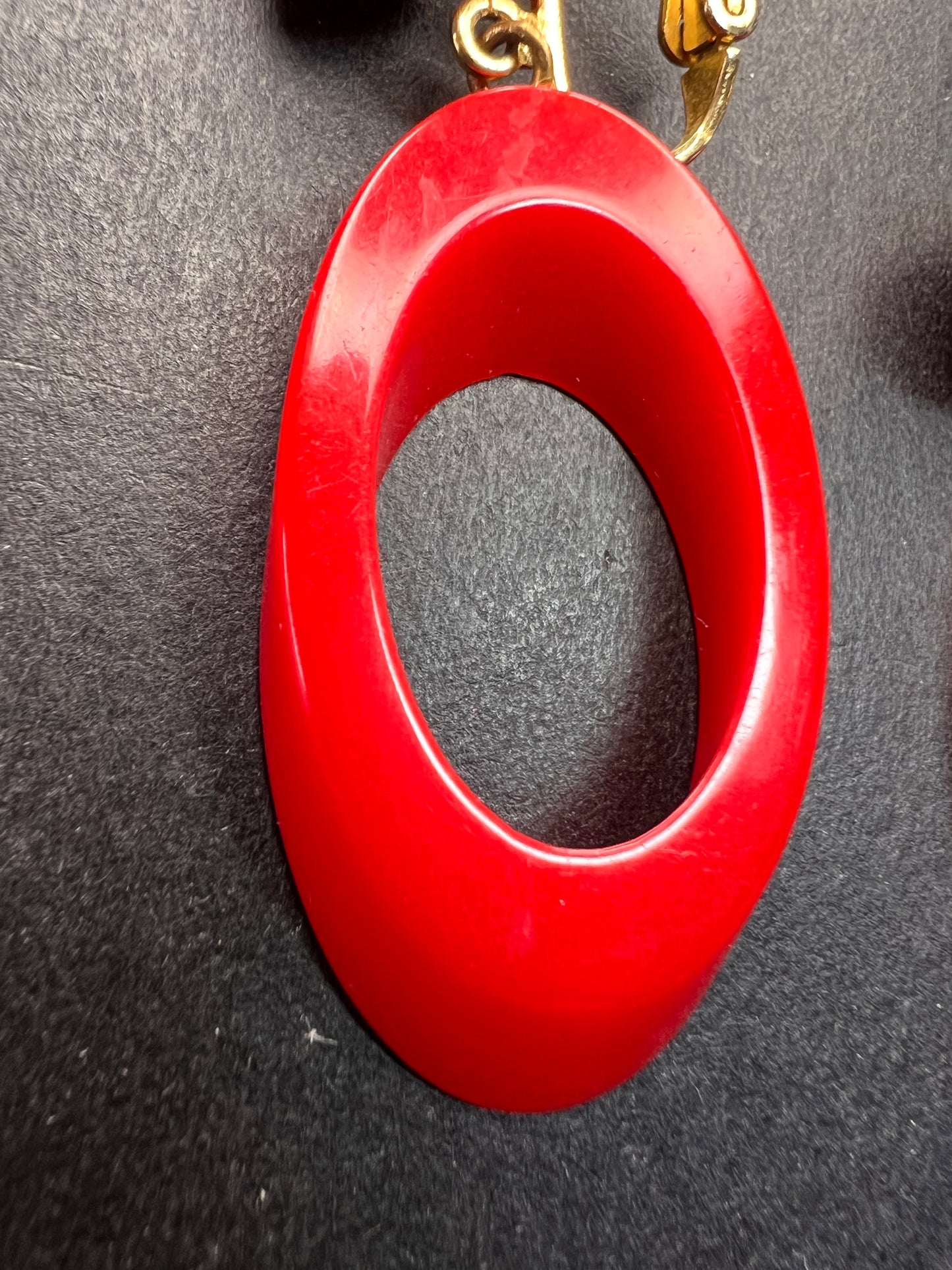 Vintage Trifari red lucite hoop clip on earrings