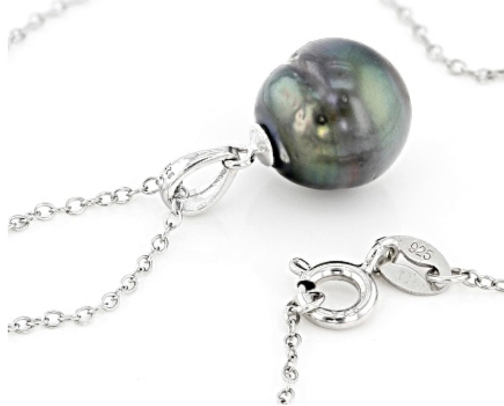 Cultured Tahitian Pearl Rhodium Over Sterling Silver Pendant With 18 Inch Chain