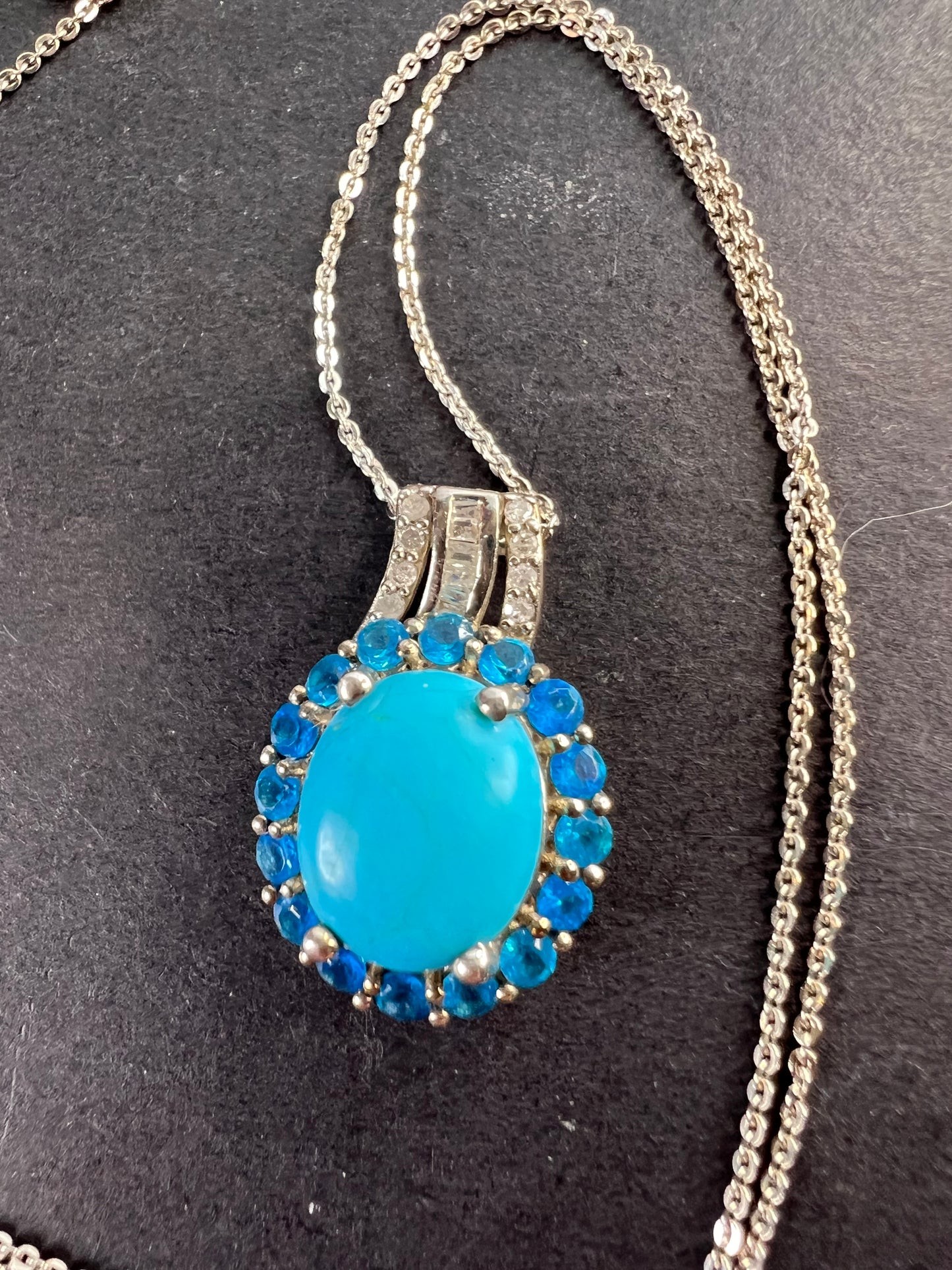 Sleeping Beauty turquoise , Malgache neon apatite and diamond halo pendant necklace in platinum over sterling silver with 20 inch chain 4.85ctw