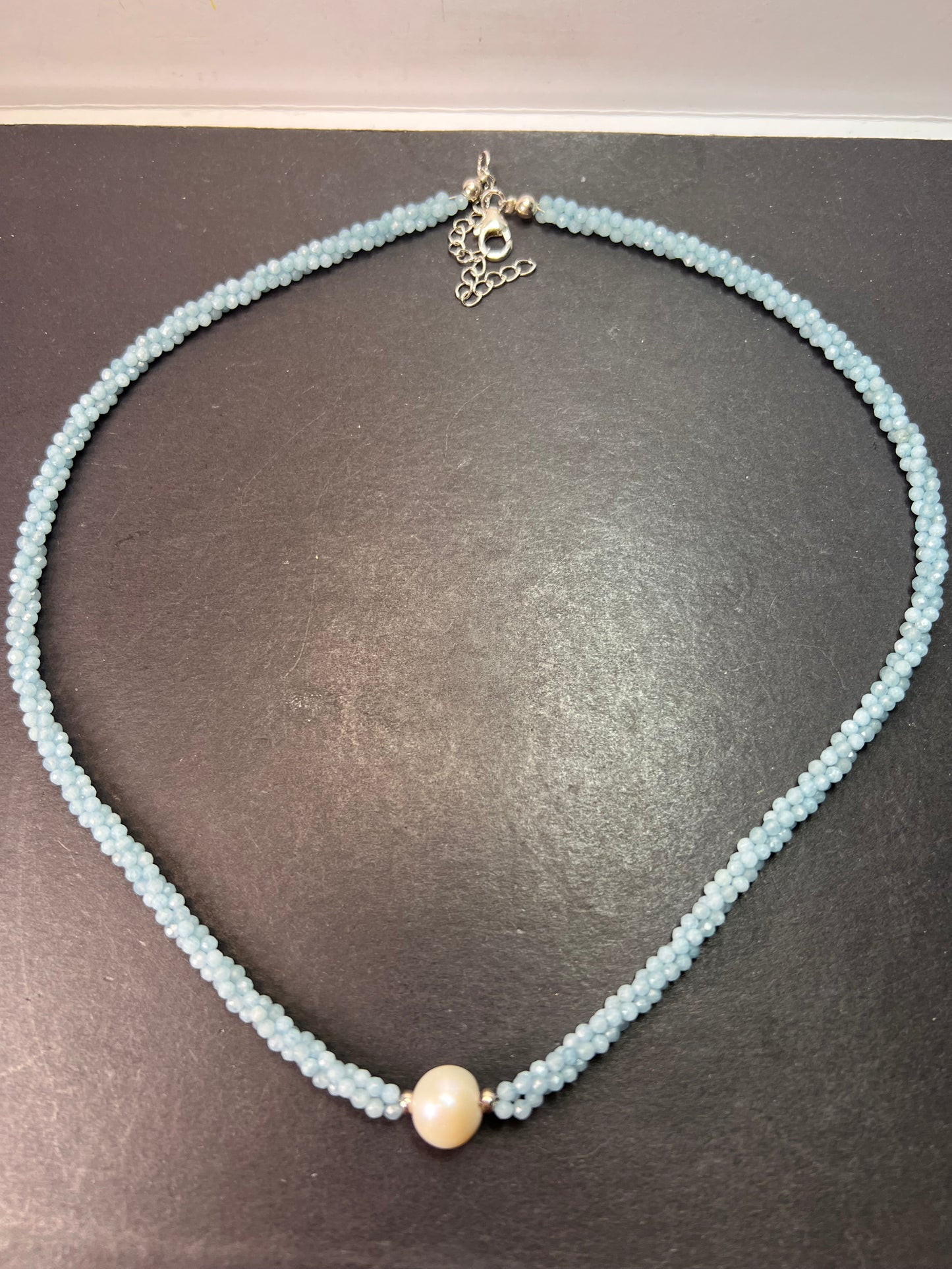 White Cultured Freshwater Pearl with Aquamarine Rhodium Over Sterling Silver Necklace *NEW*