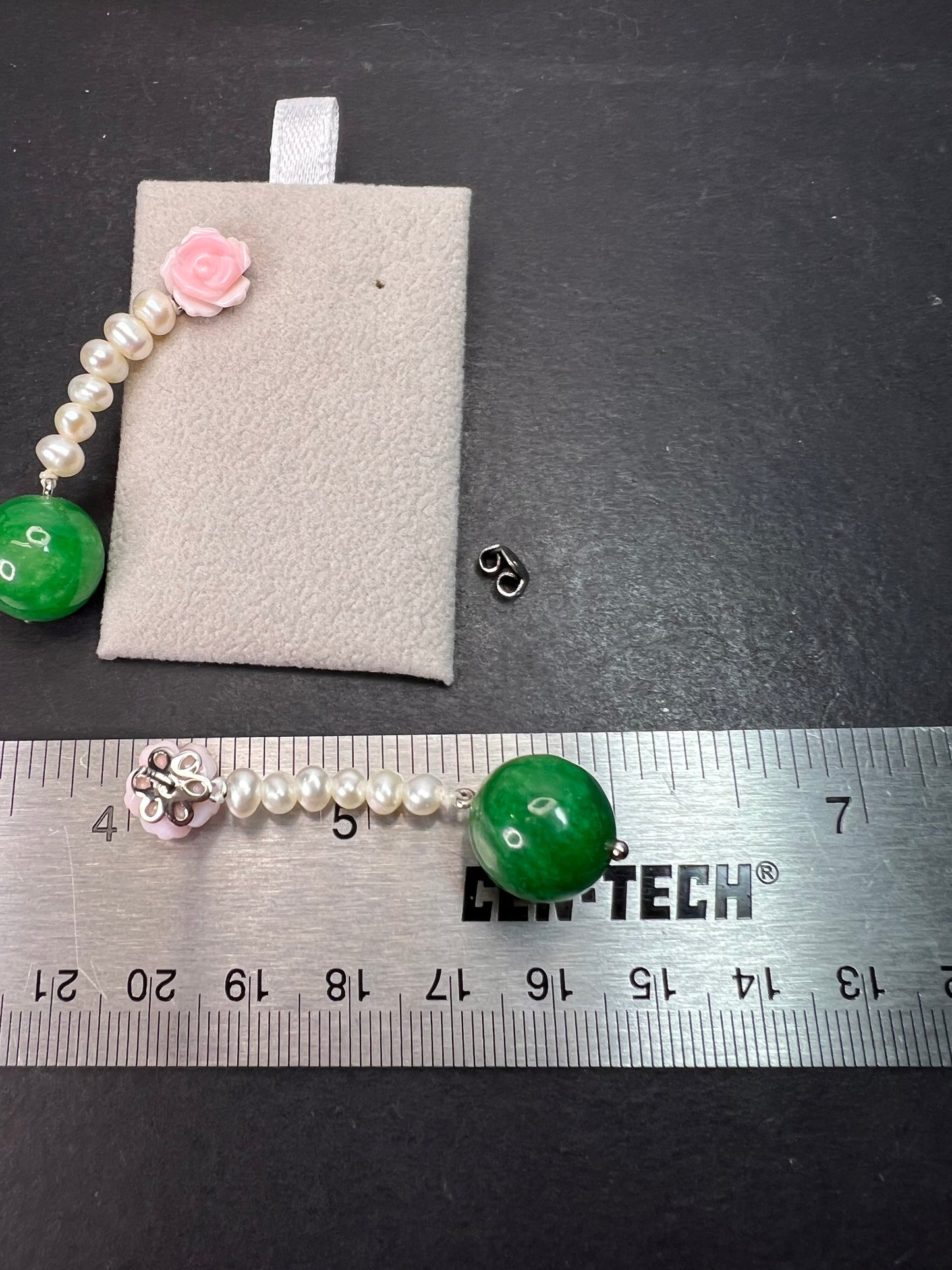 Green Jade , pink flowers and freshwater pearl earrings in rhodium over sterling silver