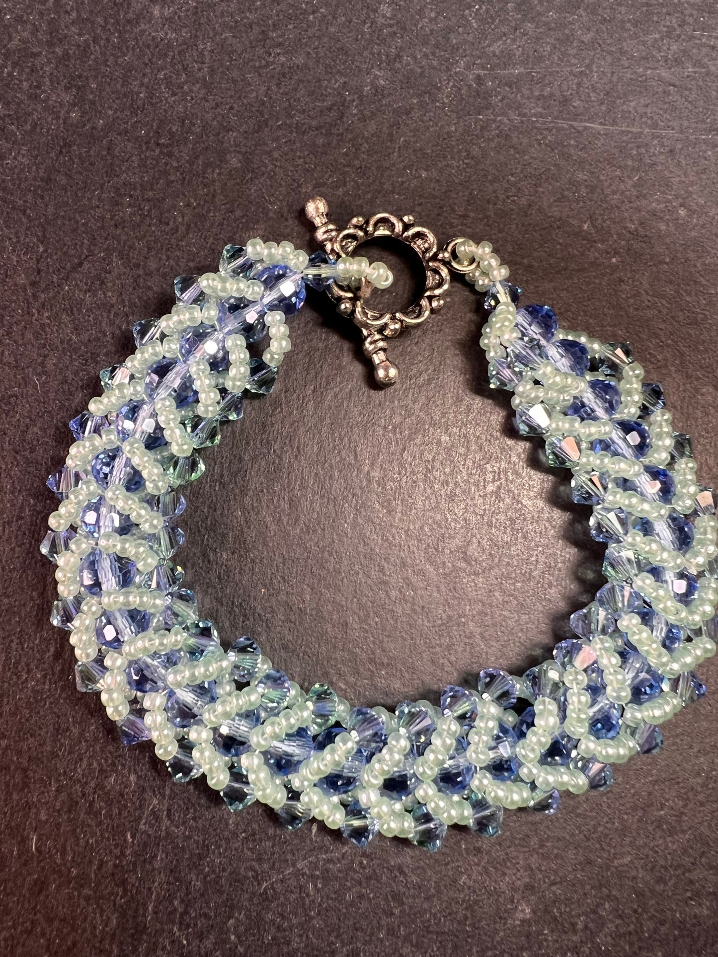 Vintage Blue & Green Crystal Beaded Chevron Braid Toggle Bracelet Y2K