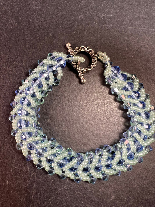 Vintage Blue & Green Crystal Beaded Chevron Braid Toggle Bracelet Y2K