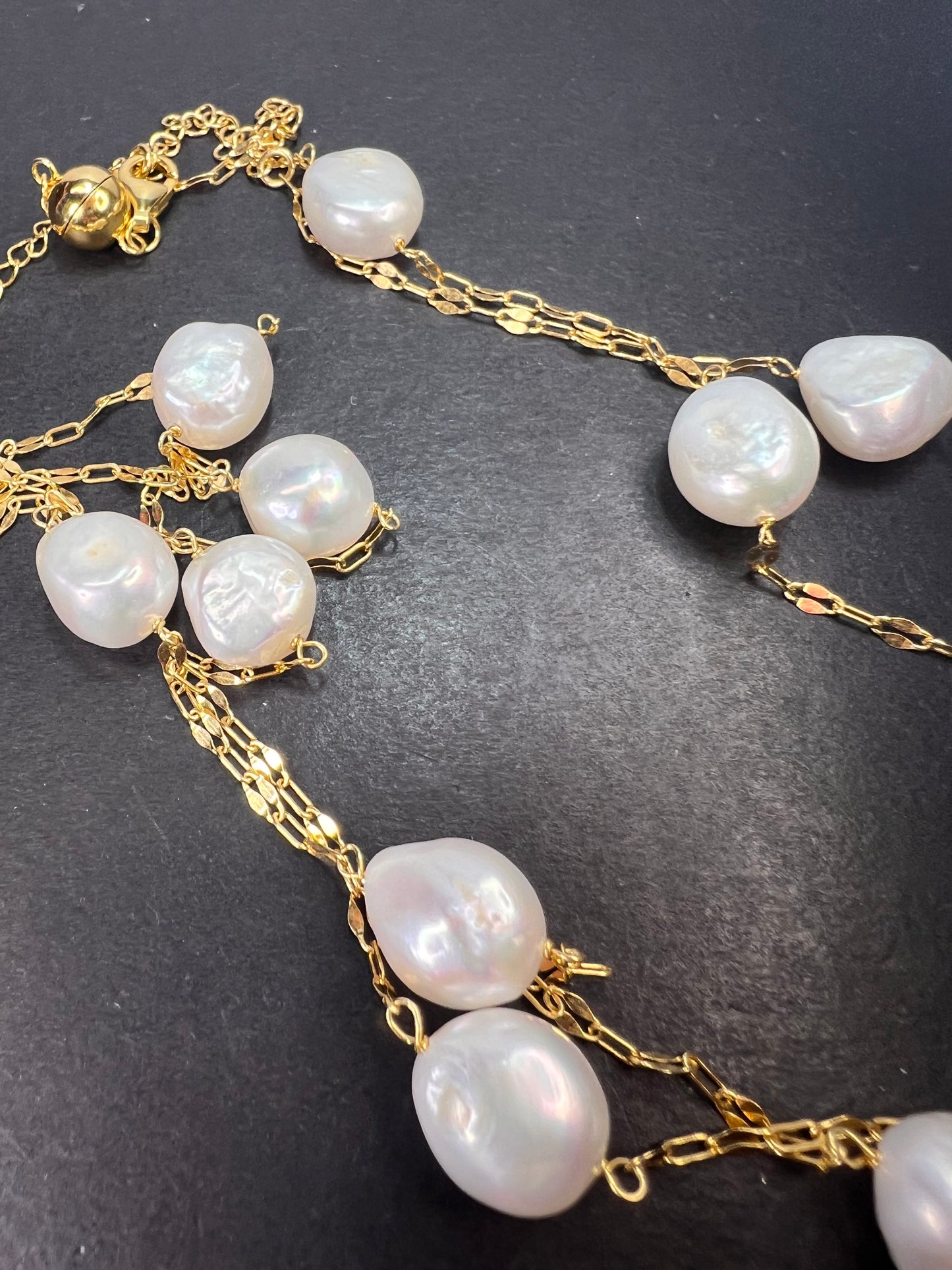 10.5-11mm white cultured freshwater pearl double strand station necklace in 18k yellow gold over sterling silver