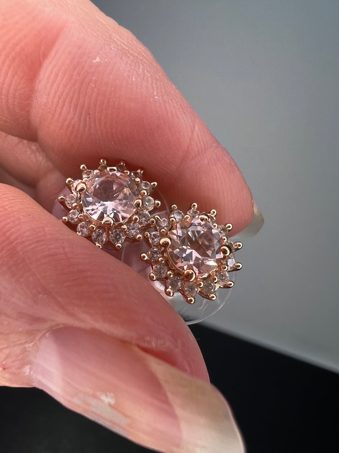 morganite and white topaz halo stud earrings in 18k rose gold over sterling