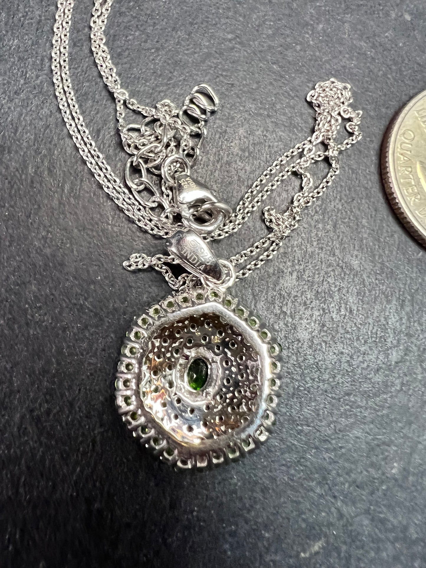 Chrome Diopside Sterling Silver Halo Pendant Necklace 18-20”