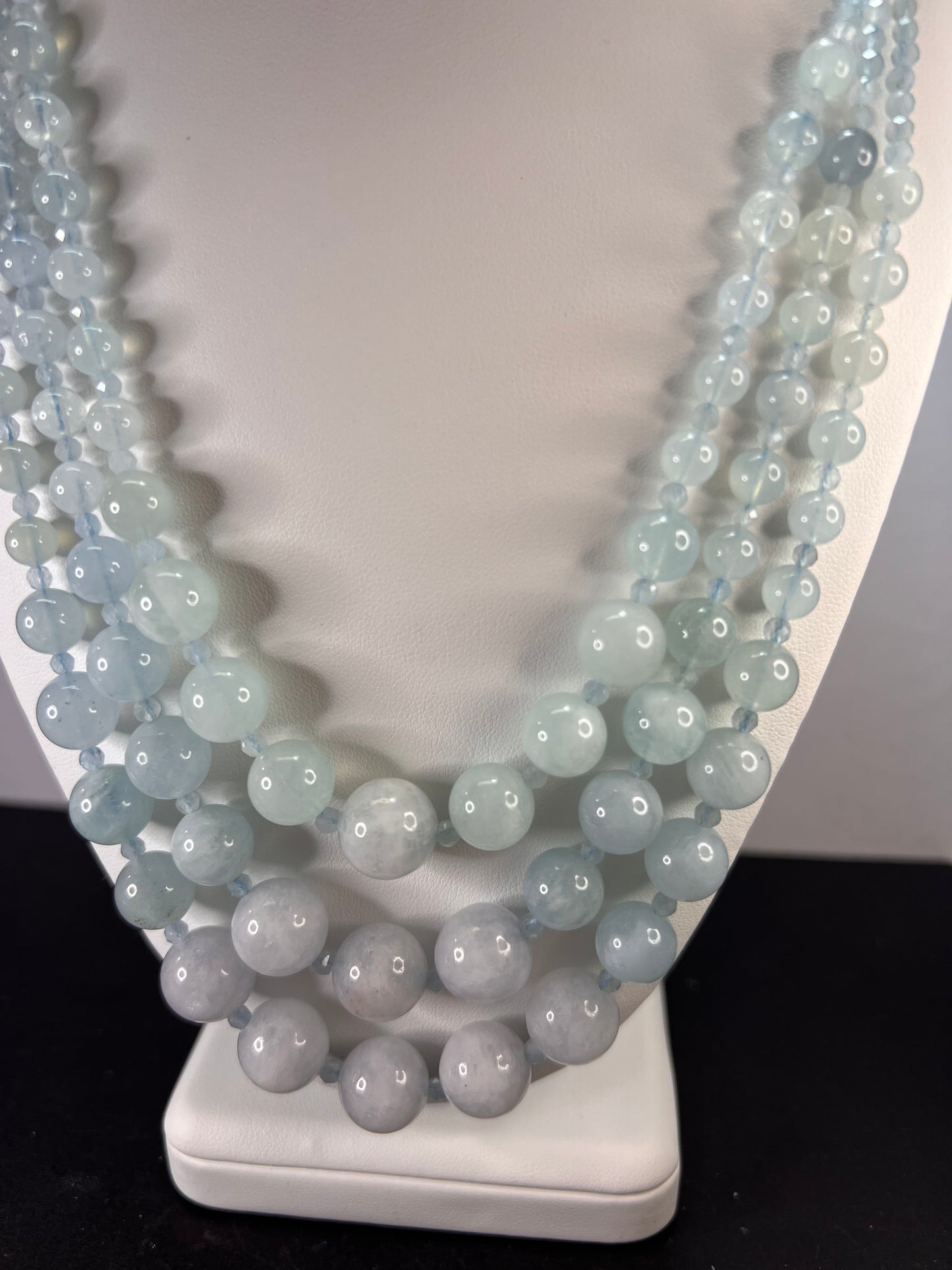 Triple strand aquamarine necklace with sterling silver lobster clasp