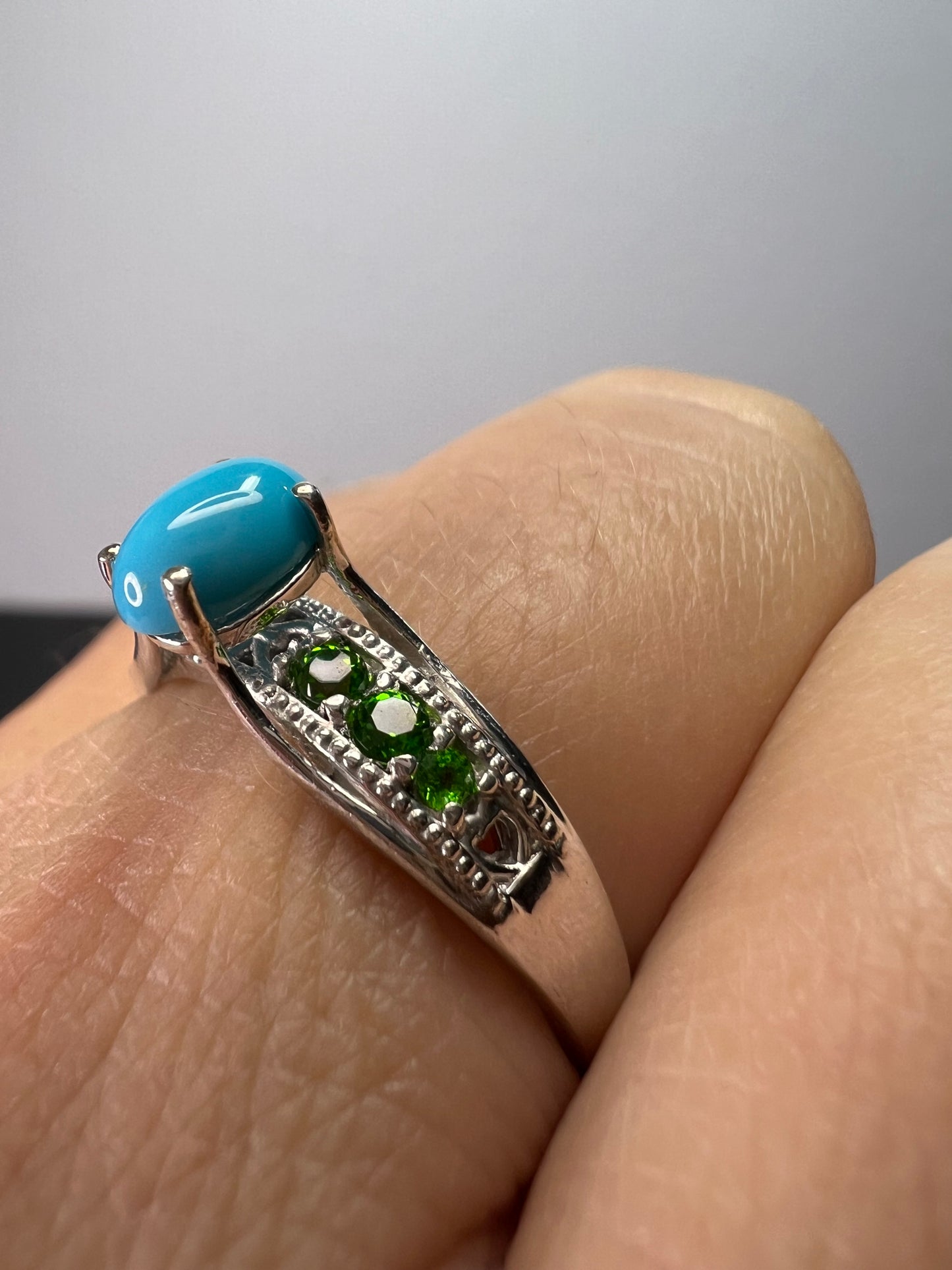 Sleeping Beauty turquoise and chrome diopside sterling silver ring size 9