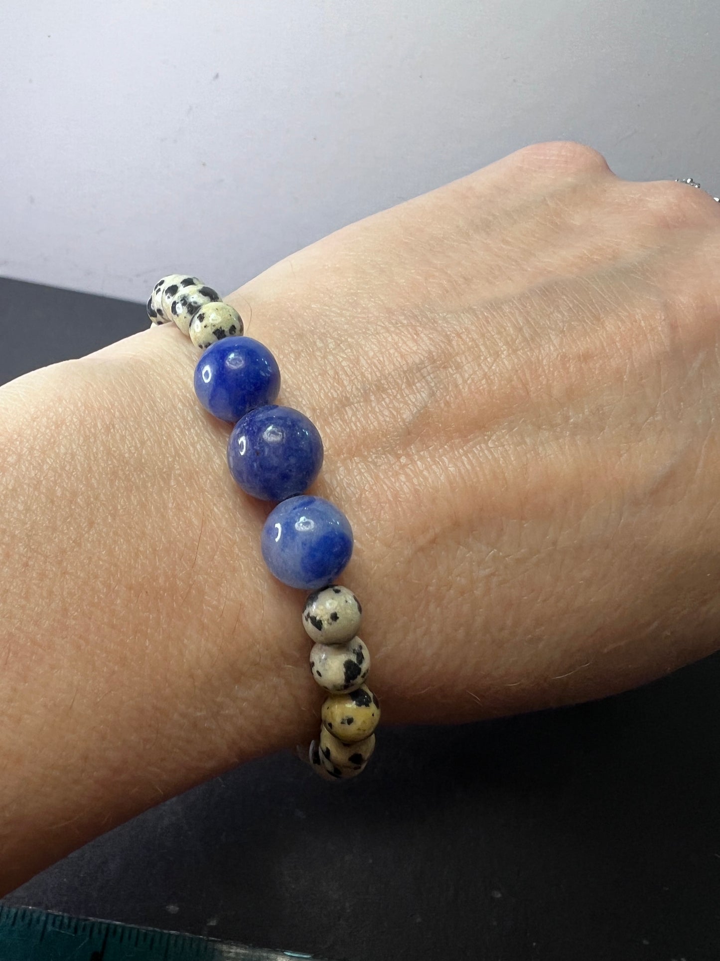 Dalmatian jasper and blue aventurine stretch bracelet 8 inch