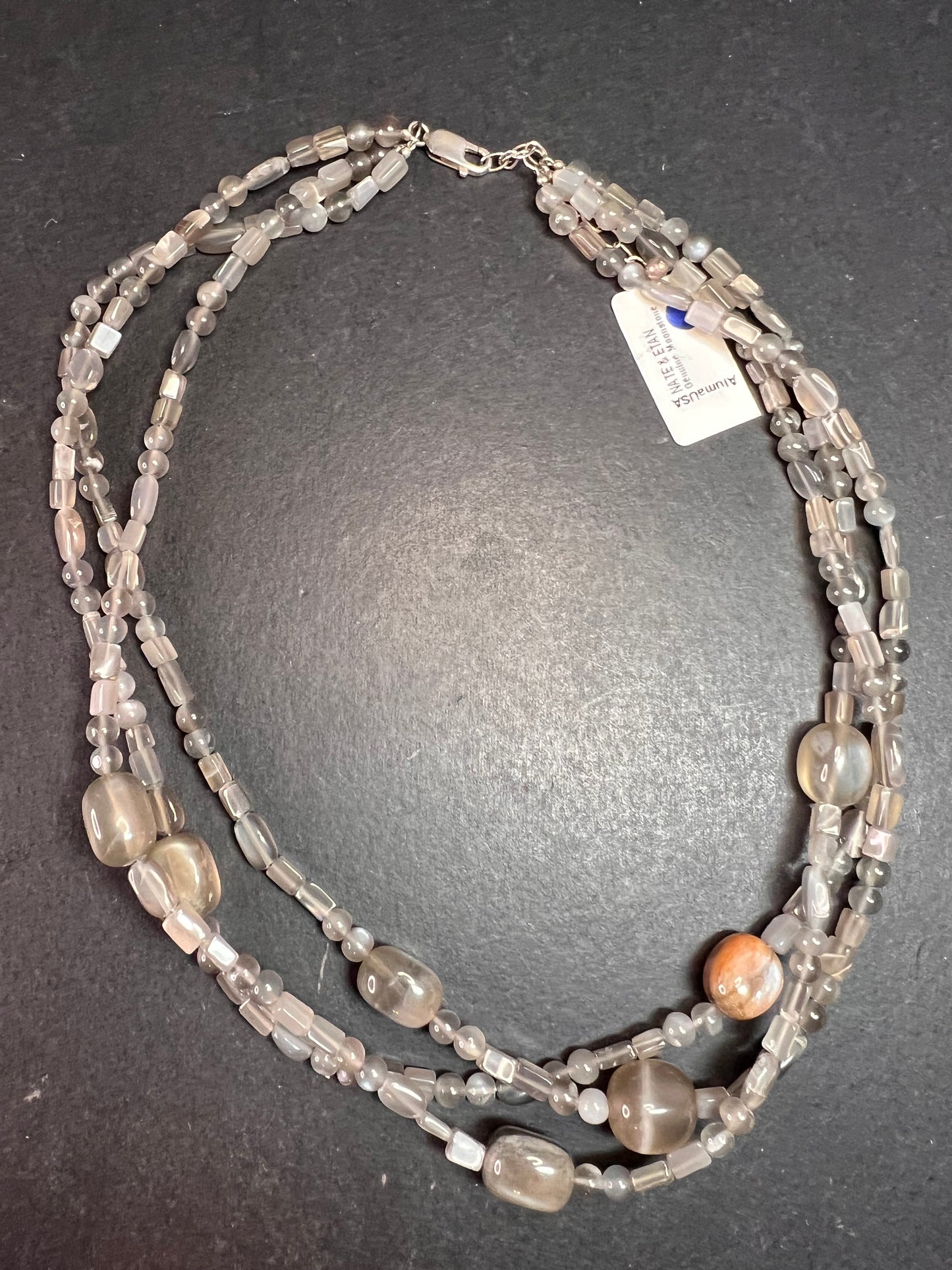 NEW Nate & Etan grey moonstone triple strand necklace with sterling silver clasp