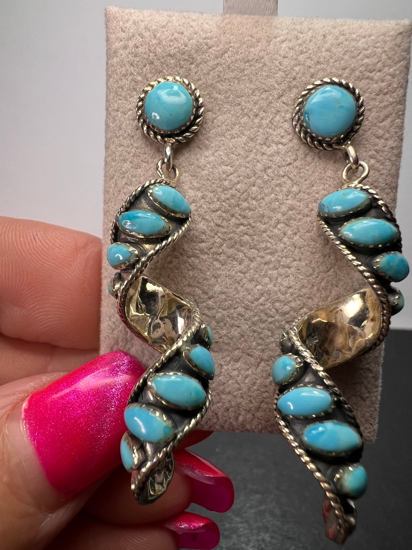 Santa Fe style Kingman turquoise swirl twisted drop sterling silver earrings