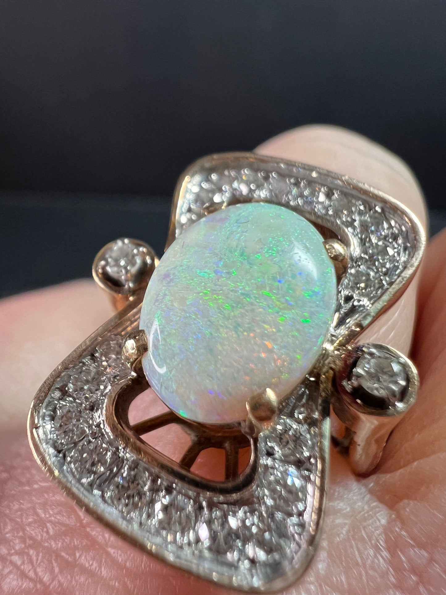 Vintage 14K Opal & Diamond Ring | Size 6.5 | Papered | 1.80ct | 60s–70s