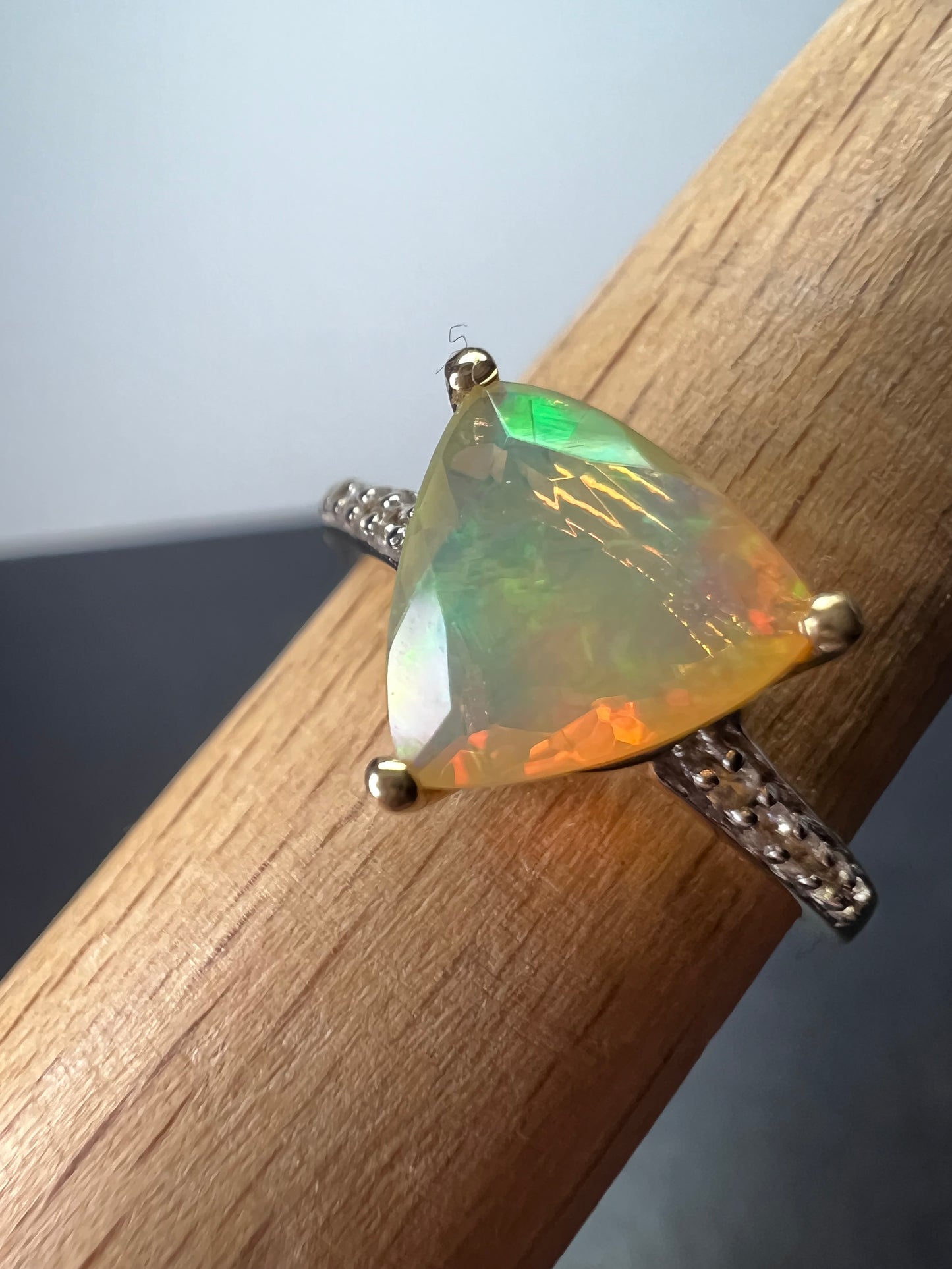 10k gold trilliant cut Ethiopian opal ring size 9