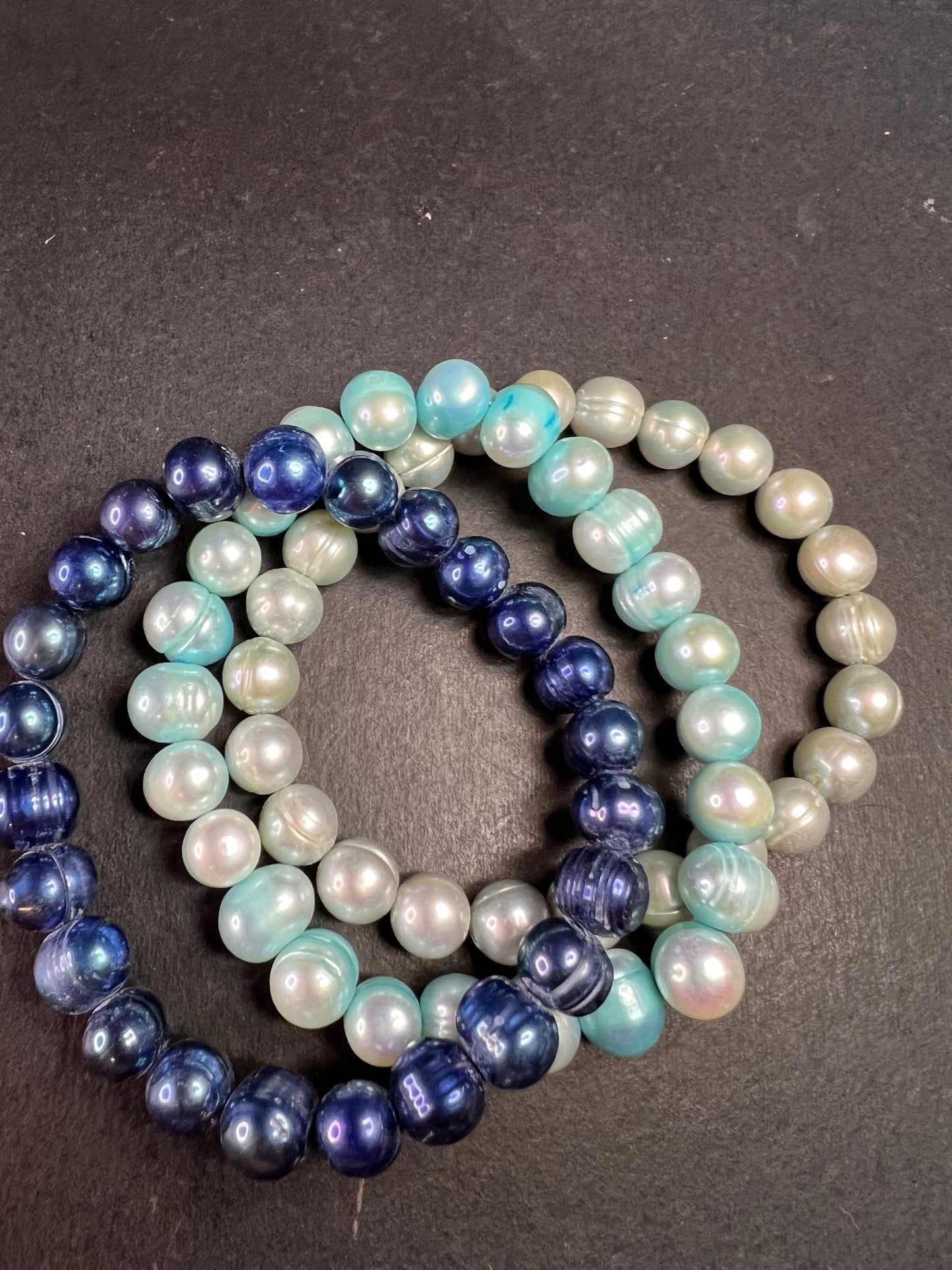 Set of three freshwater pearl shades of blue stretch bracelets
