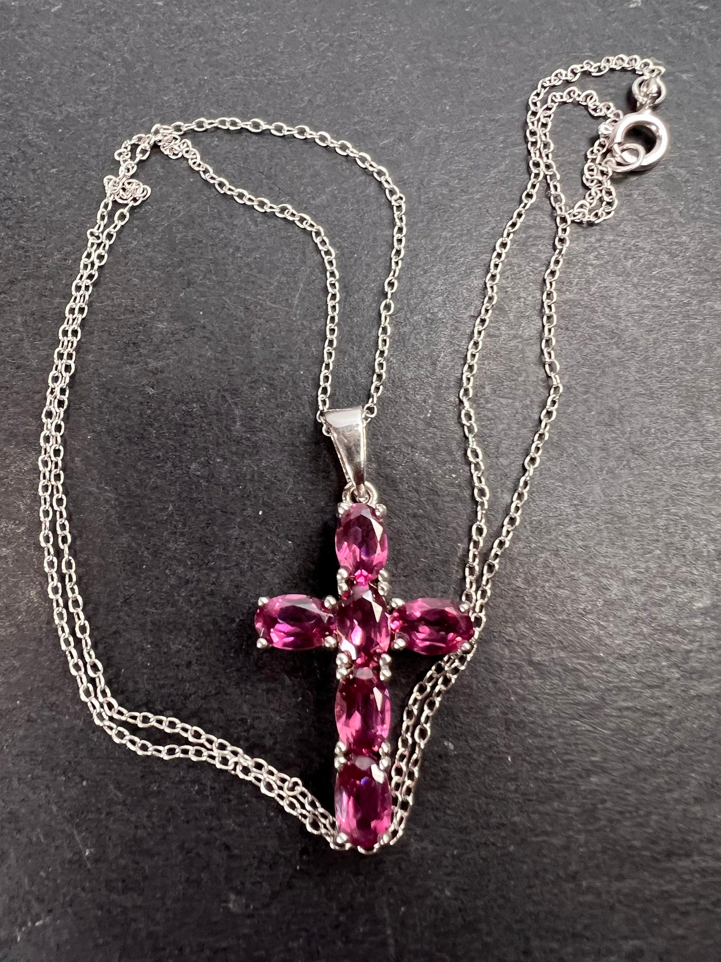 Raspberry rhodolite garnet cross pendant and chain necklace in sterling silver