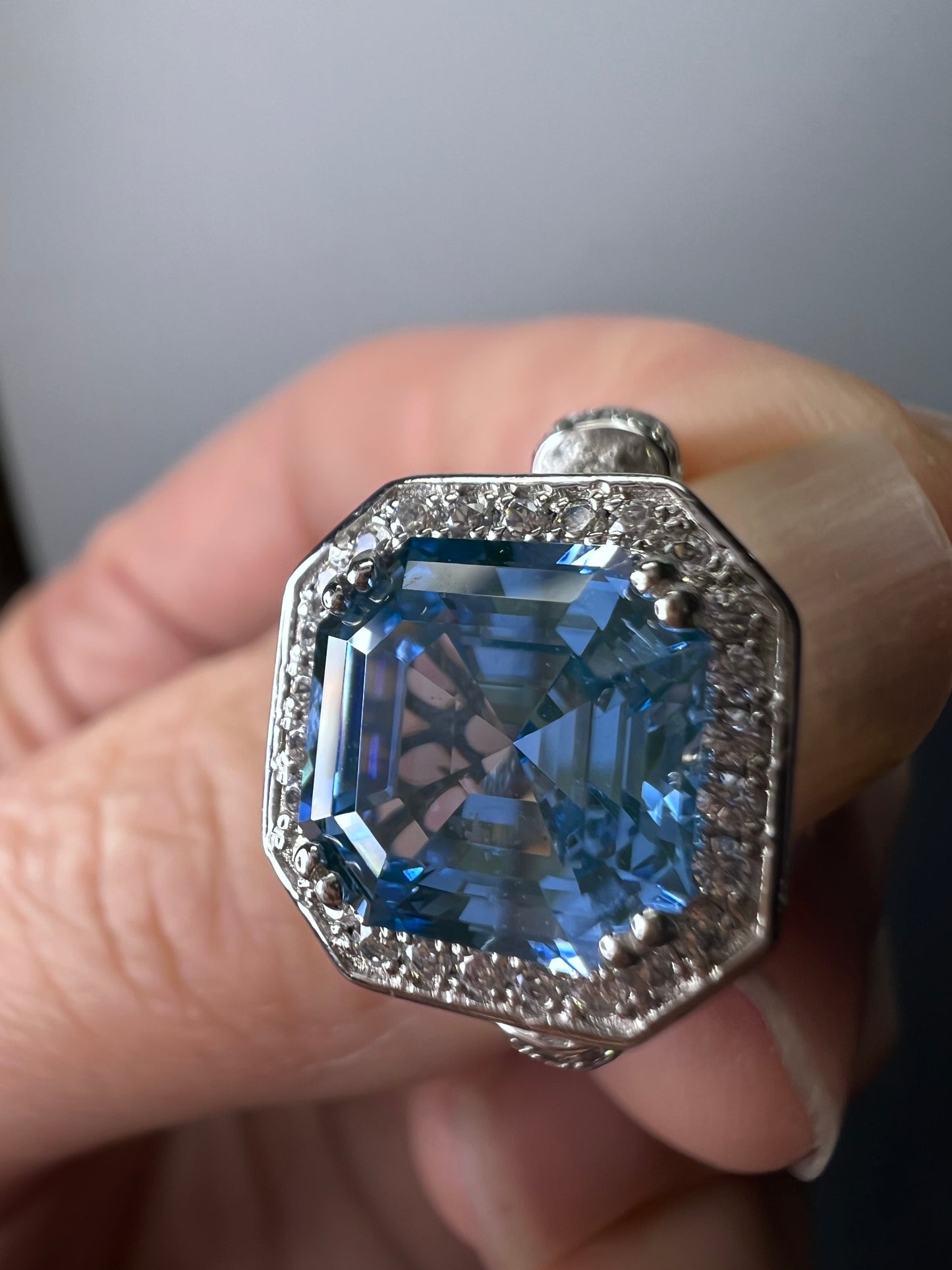 Blue zircon and CZ sterling silver cocktail ring size 7