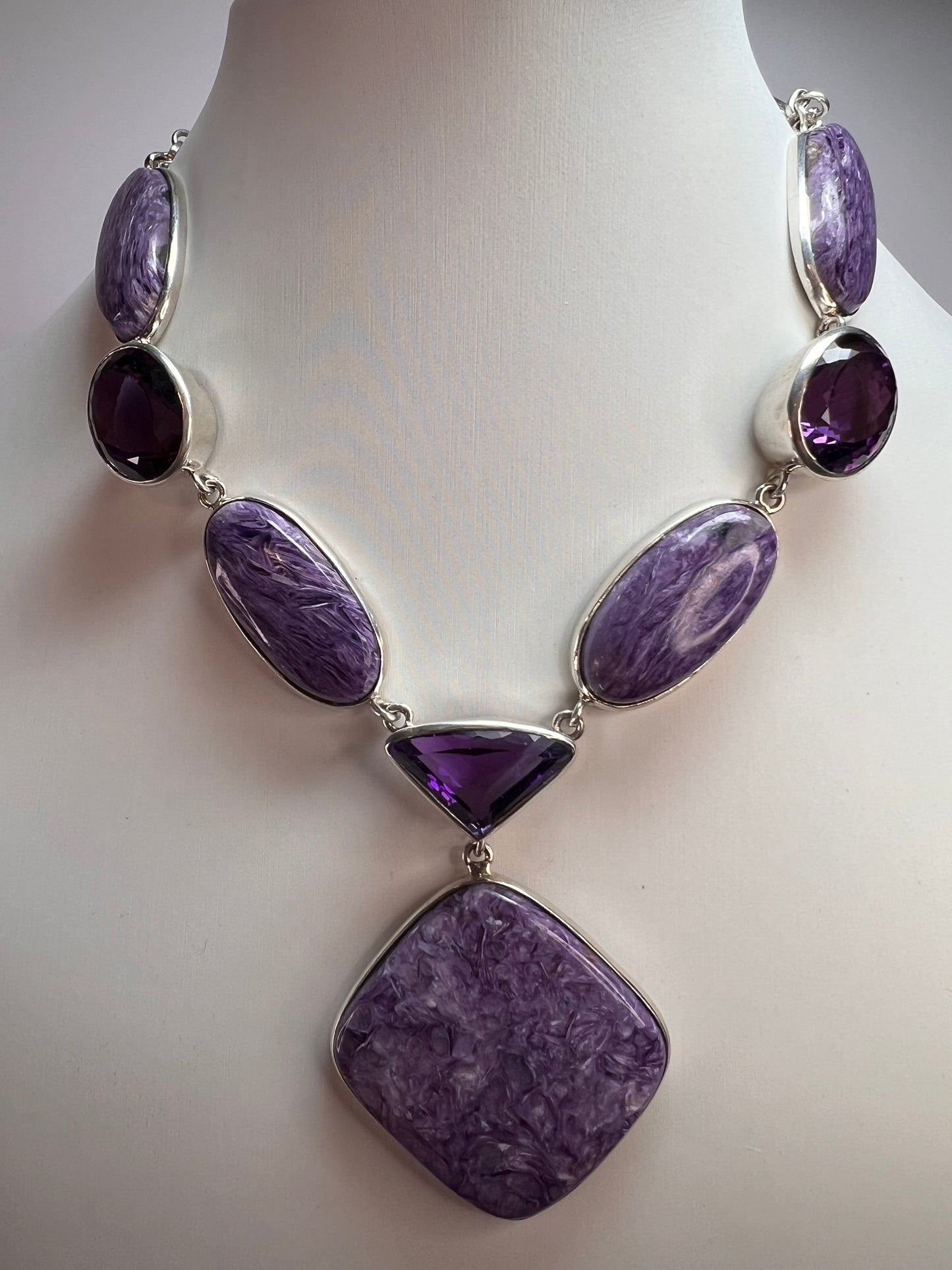 NEW Charoite and amethyst sterling silver necklace