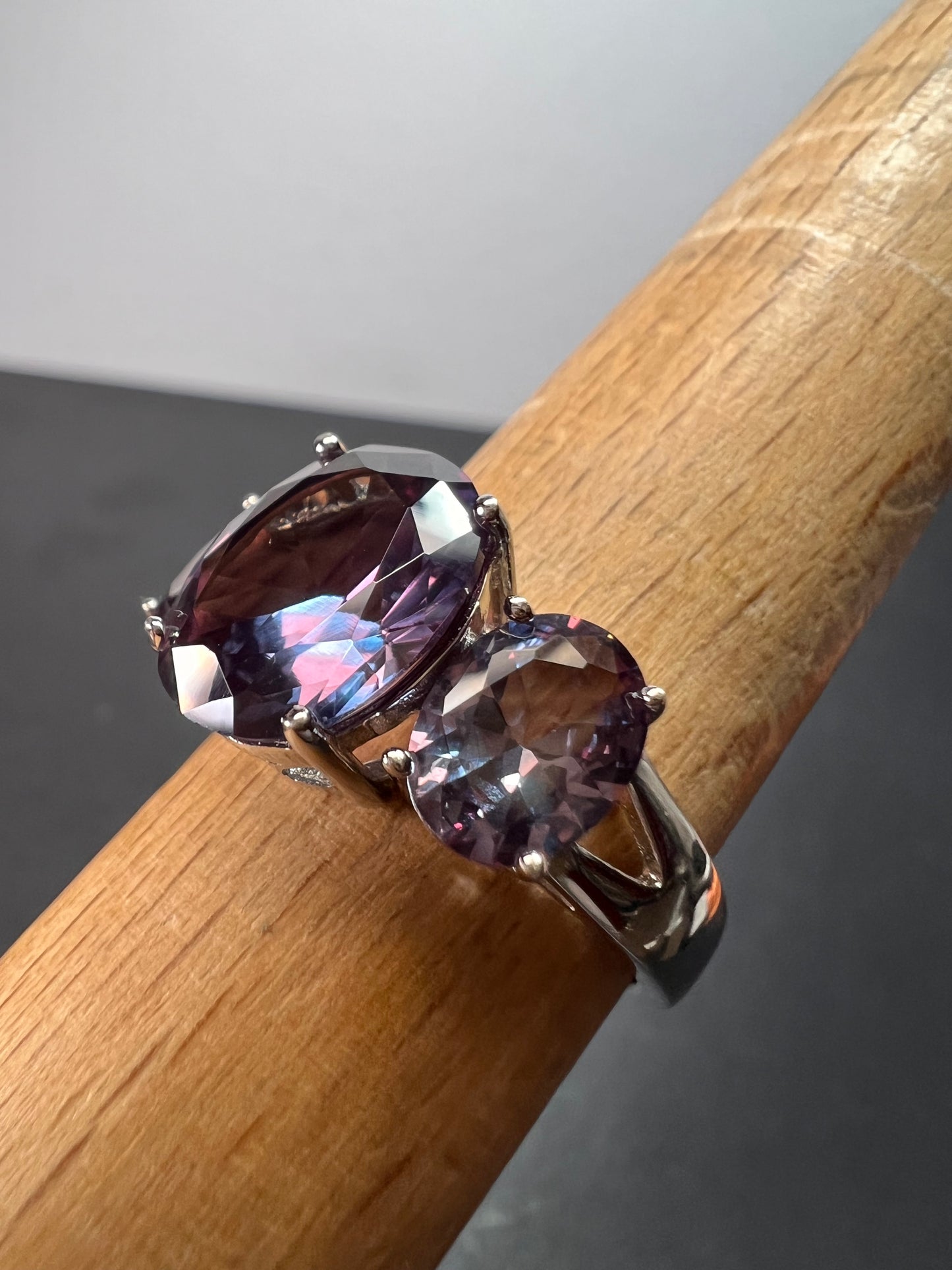 Lab created alexandrite trilogy ring in rhodium over sterling silver size 9