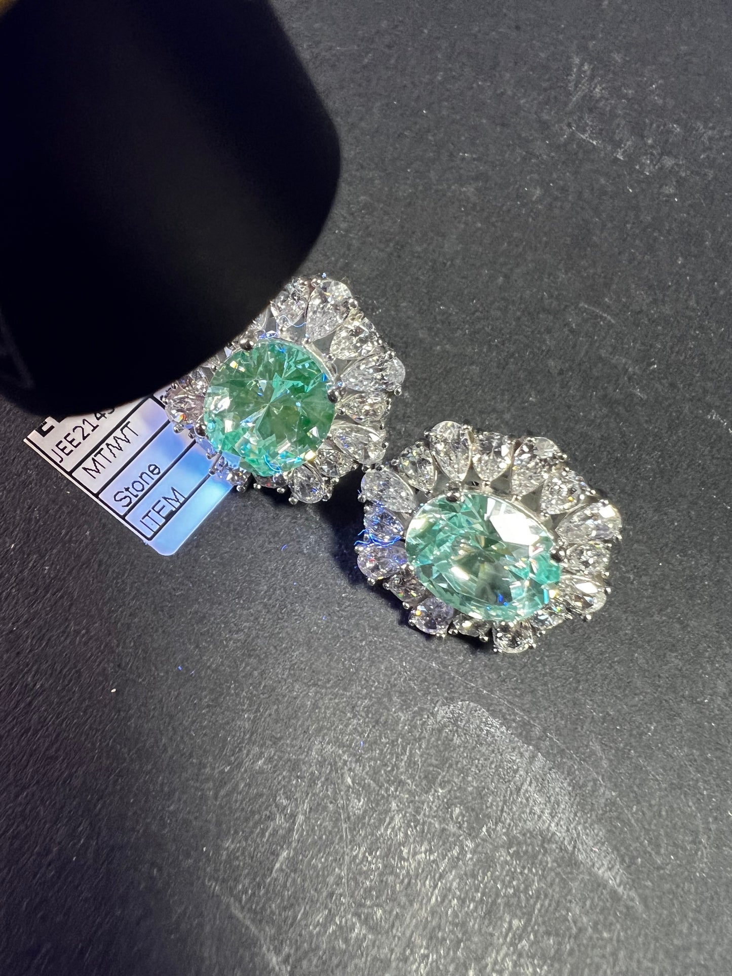 Sterling Silver Aqua CZ Halo Omega Back Earrings New w Tags