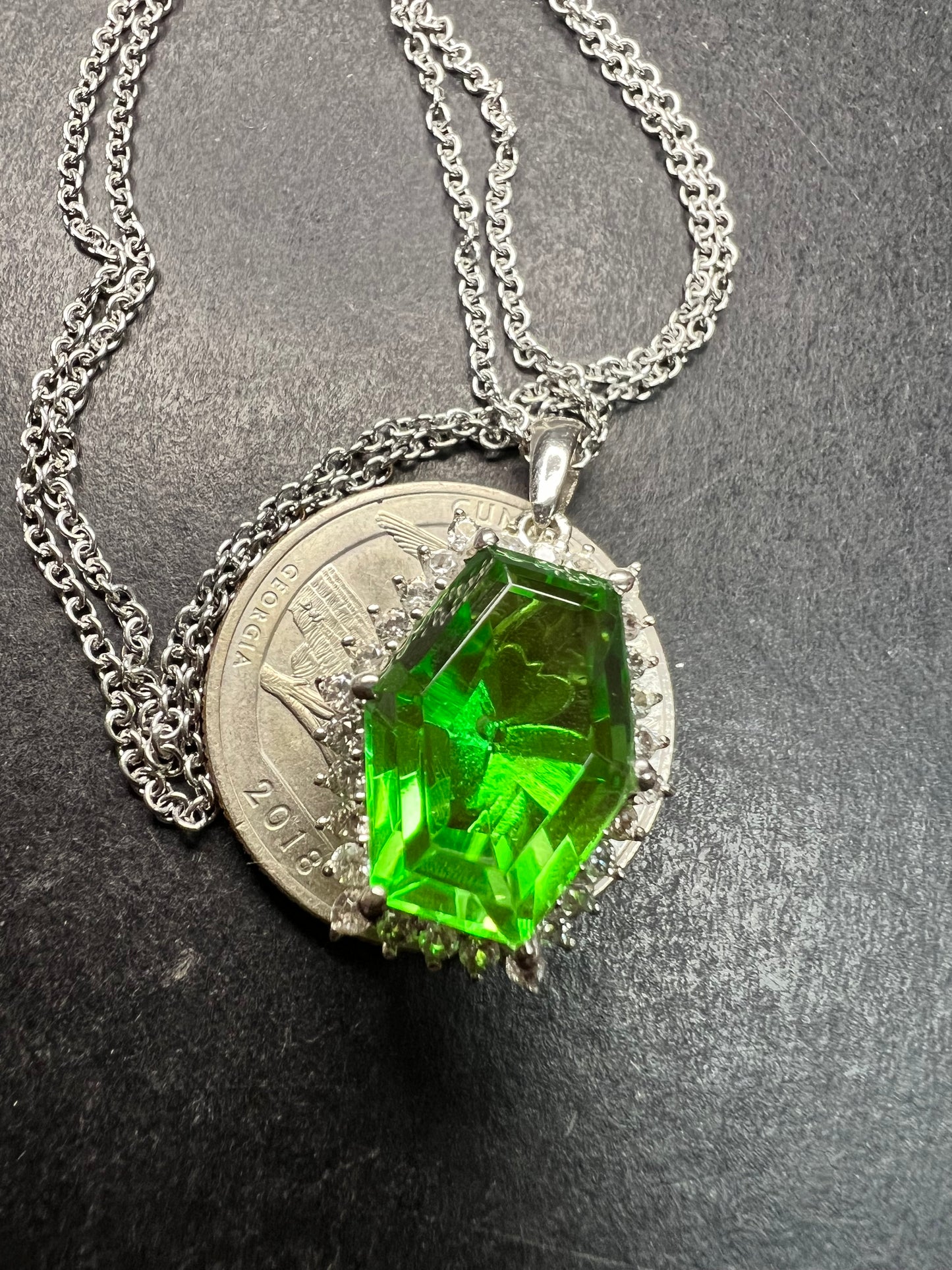 NEW Chartreuse Quartz & White Zircon Pendant Necklace 20” 16.15ctw