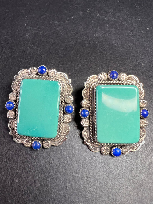 Signed Vintage Dead Stock Bernyse Chavez Sterling Turquoise Lapis Earrings