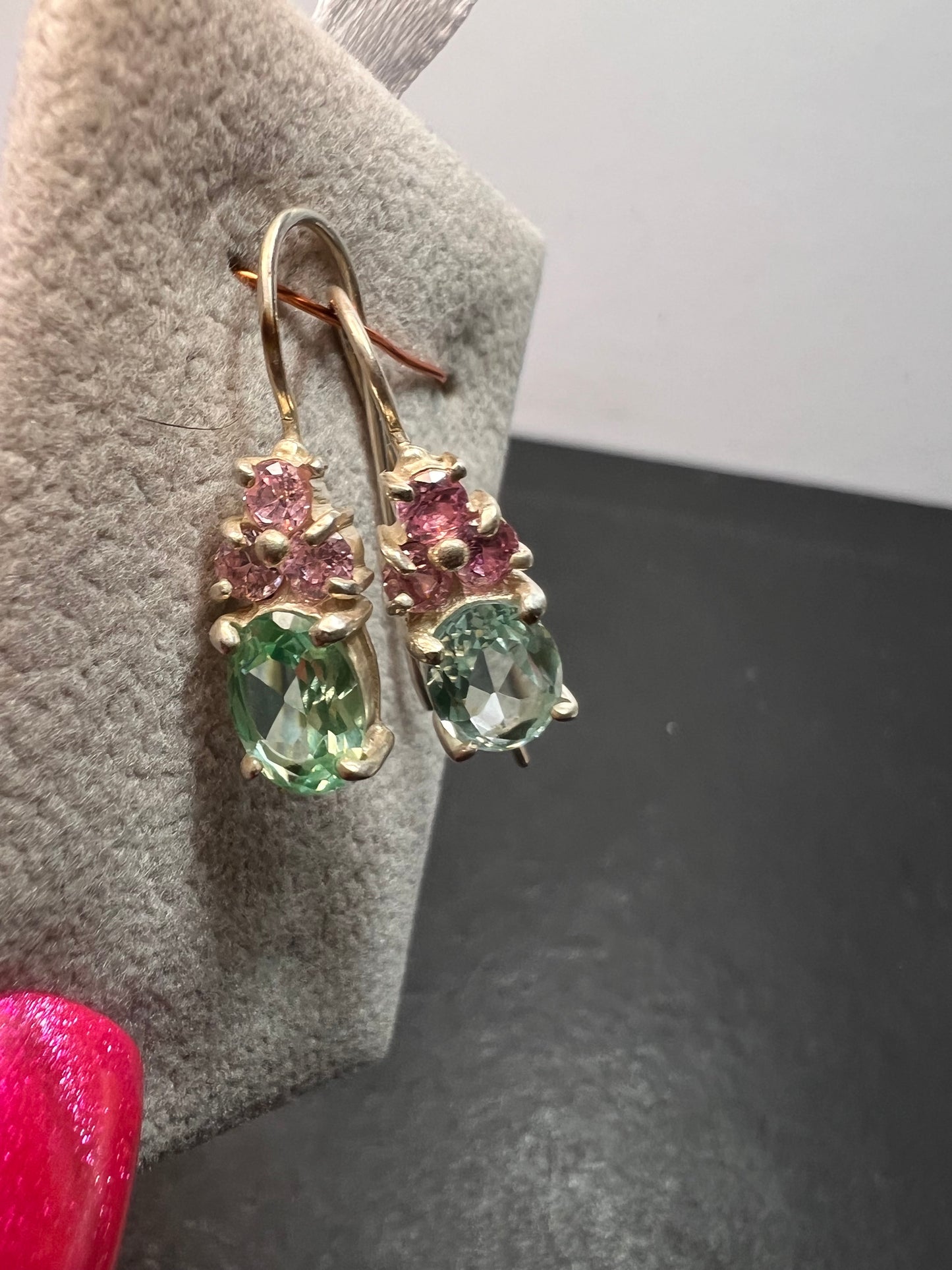 Aqua spinel and pink CZ sterling silver earrings by HAN