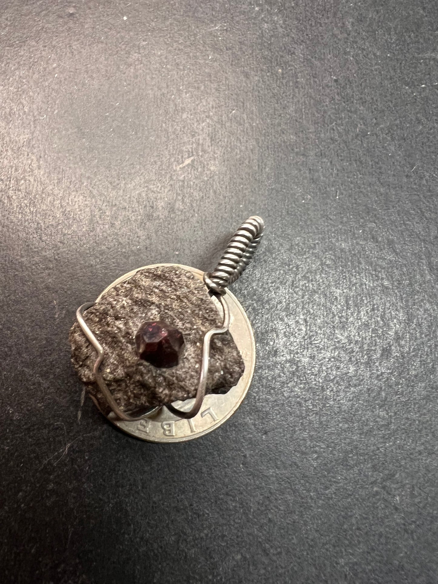 Vintage Sterling Silver Wrapped Rough Garnet in Schist Matrix Pendant