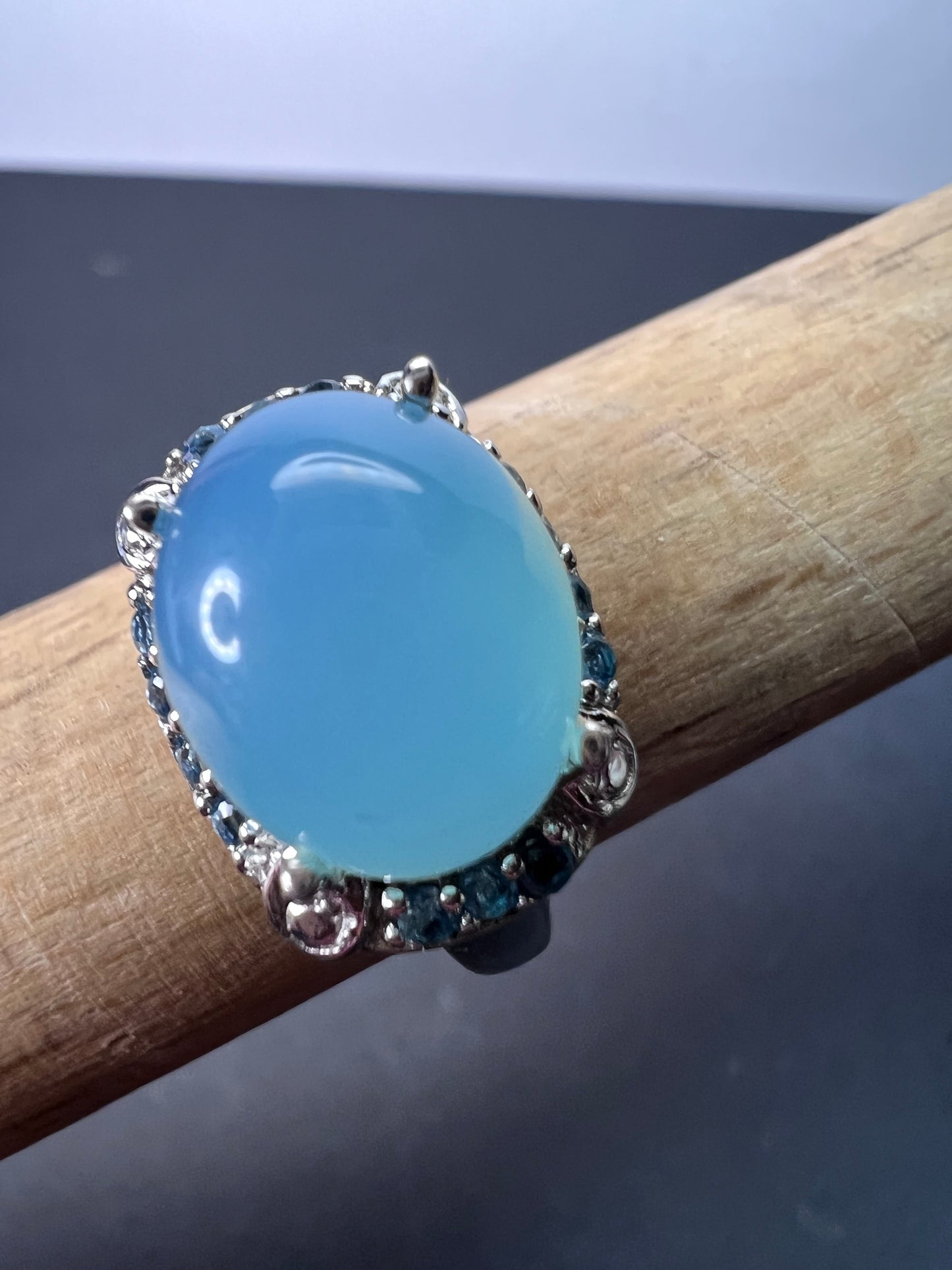 Aqua blue chalcedony blue topaz sterling silver halo ring size 7