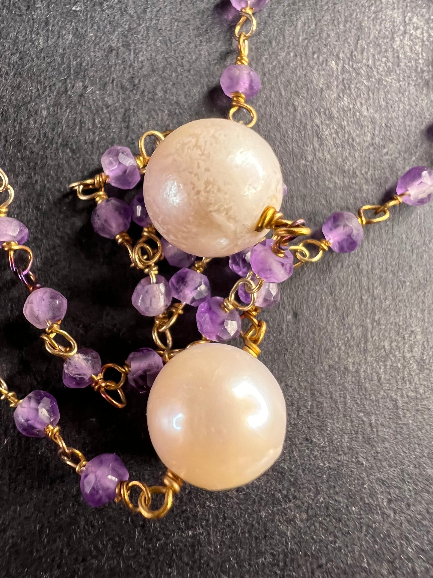 Amethyst and pearl 30 inch station necklace in sterling silver