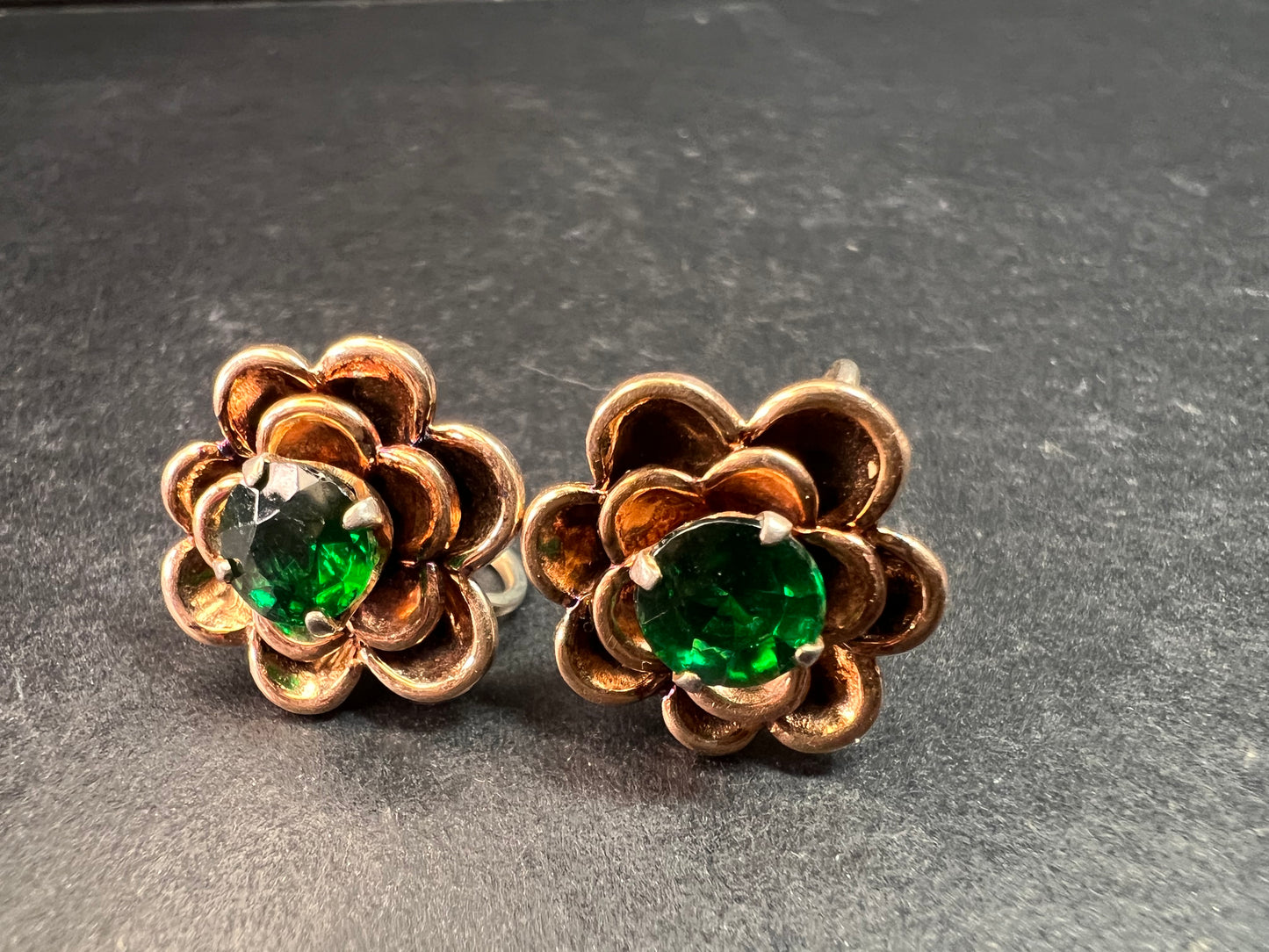 Vintage 1940s Vermeil Flower Screw Back Green Paste Earrings